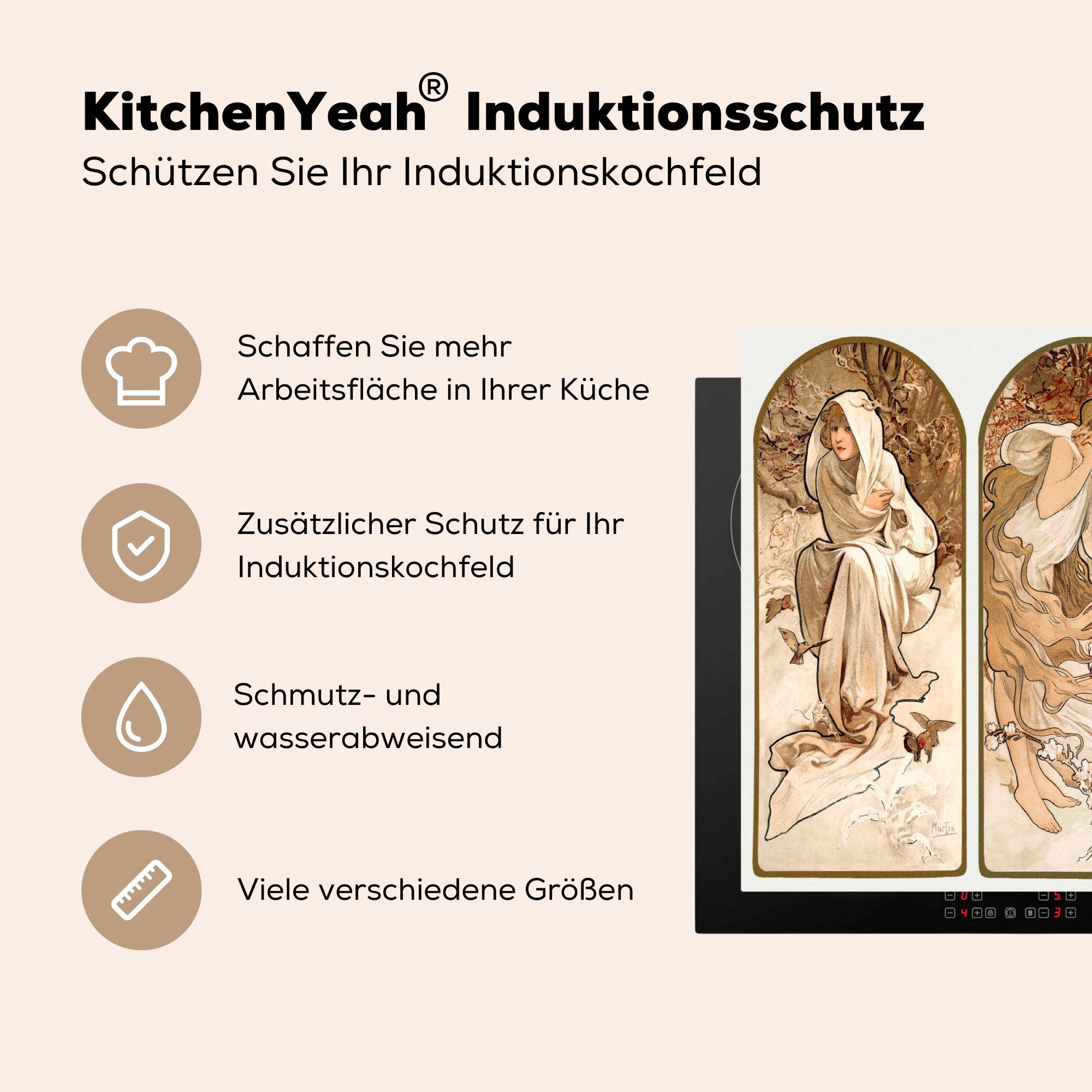 Arbeitsplatte Herdblende-/Abdeckplatte küche (1 - MuchoWow cm, Frau - 83x51 tlg), Ceranfeldabdeckung, Vinyl, für Pastell, Jugendstil