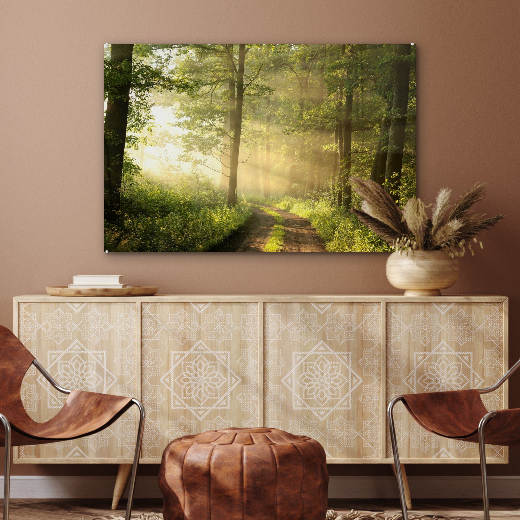 Schlafzimmer Acrylglasbilder (1 - Sonne Bäume, Wohnzimmer MuchoWow & - St), Wald Acrylglasbild