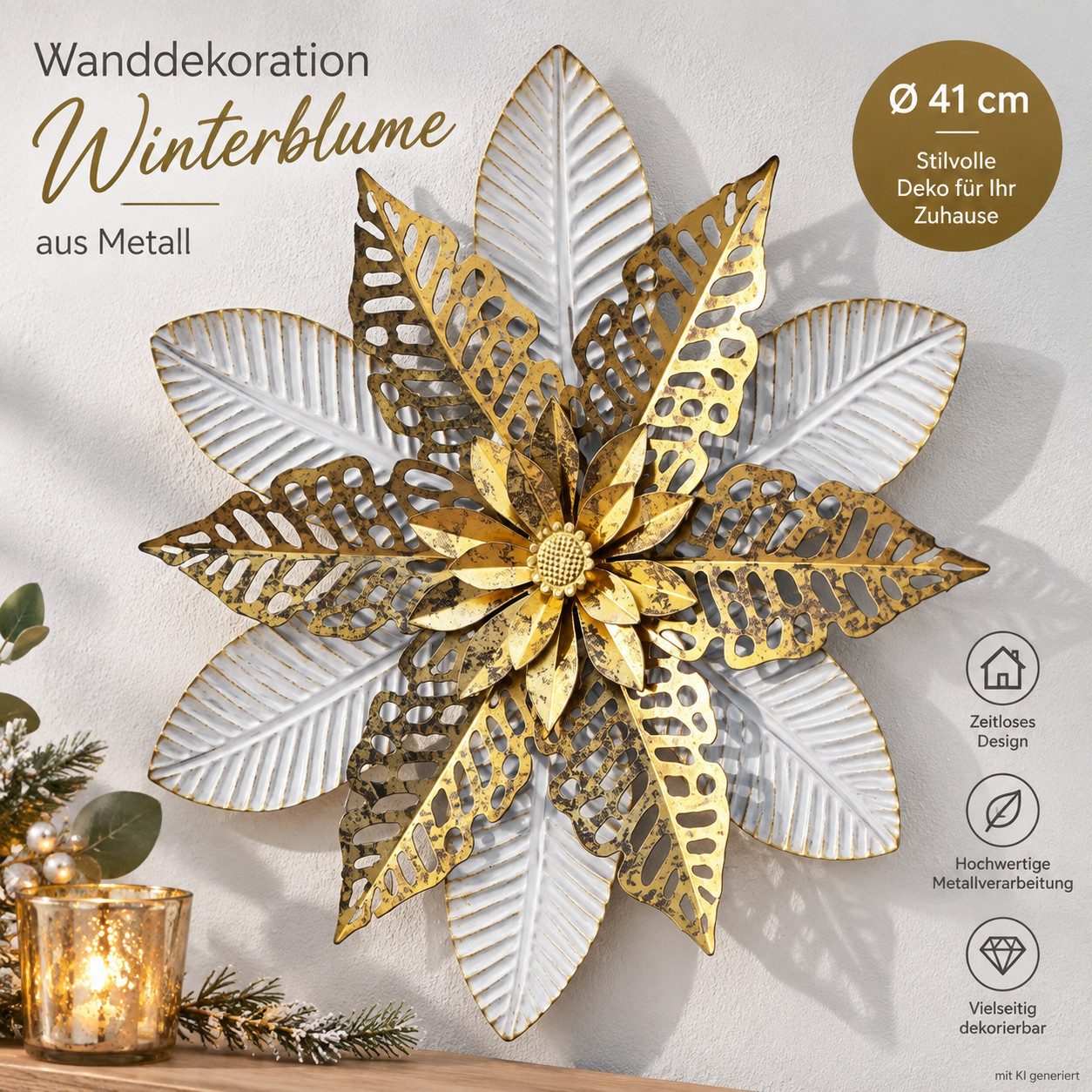 Weltbild Wanddekoobjekt Wanddekoration Winterblume aus Metall 41 cm Wanddeko Winter Flower, Metallblume Wandbild Blumendeko Wohnaccessoire Winterdeko