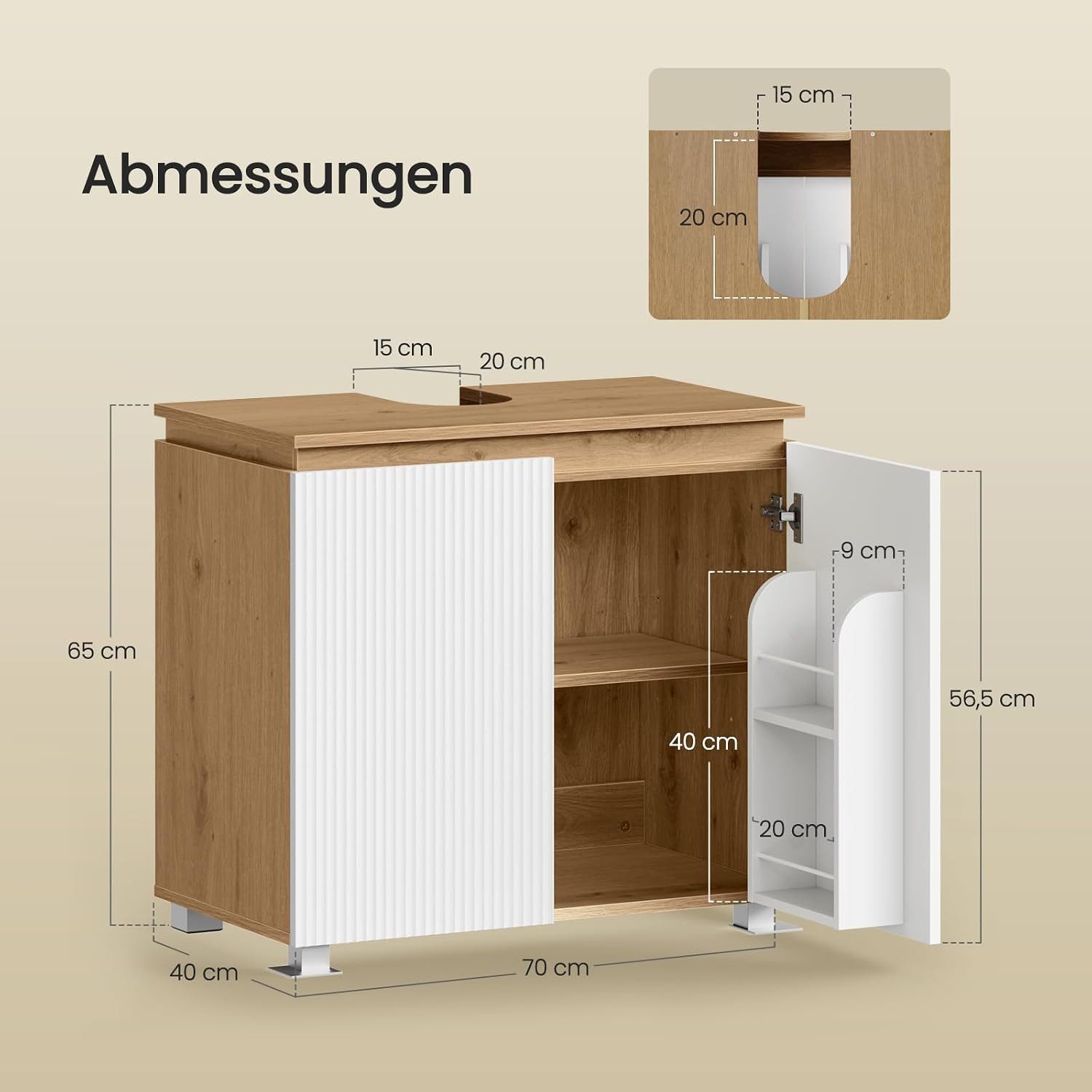 EUGAD Badkommode (1 St), Waschbeckenunterschrank, 2 Fächer, 70 x 40 x 65 cm