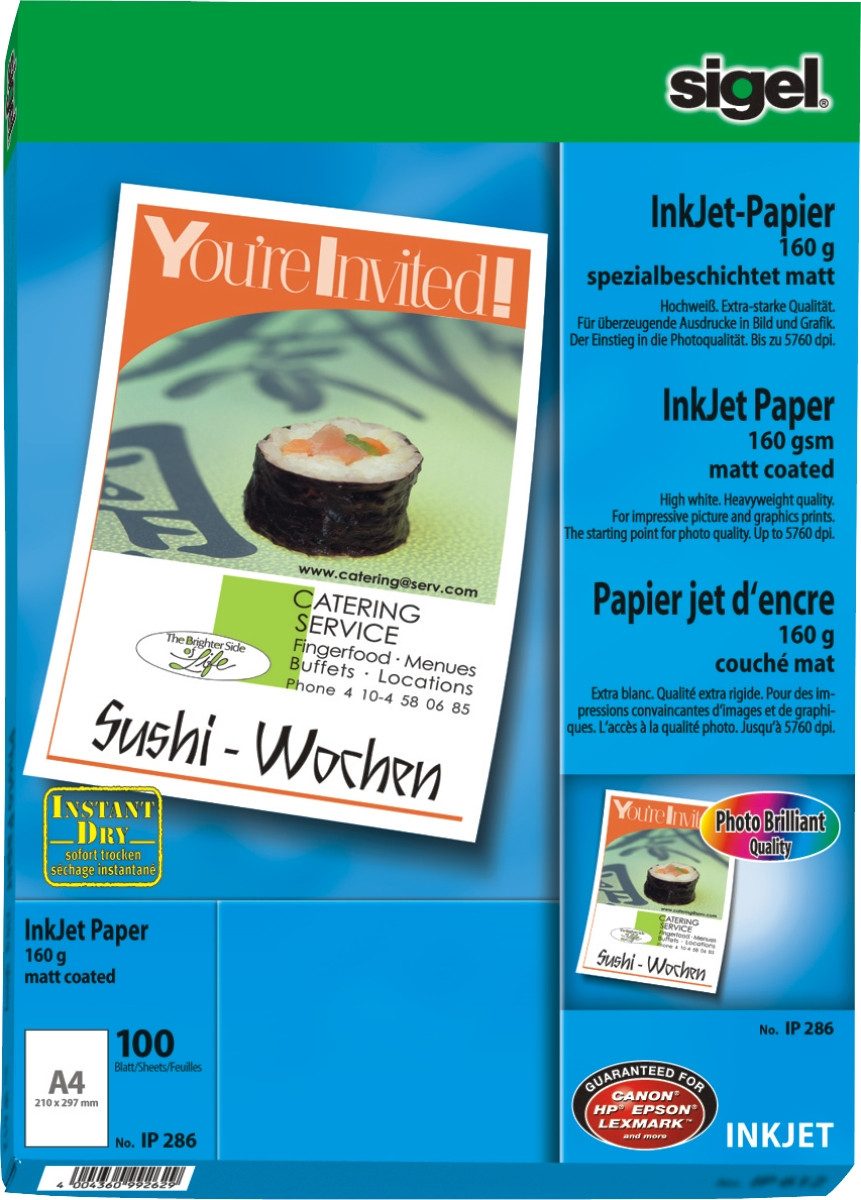 Sigel Fotopapier Inkjetpapier A4 160g/qm spezialbeschichtet hochweiß VE=100 Blatt