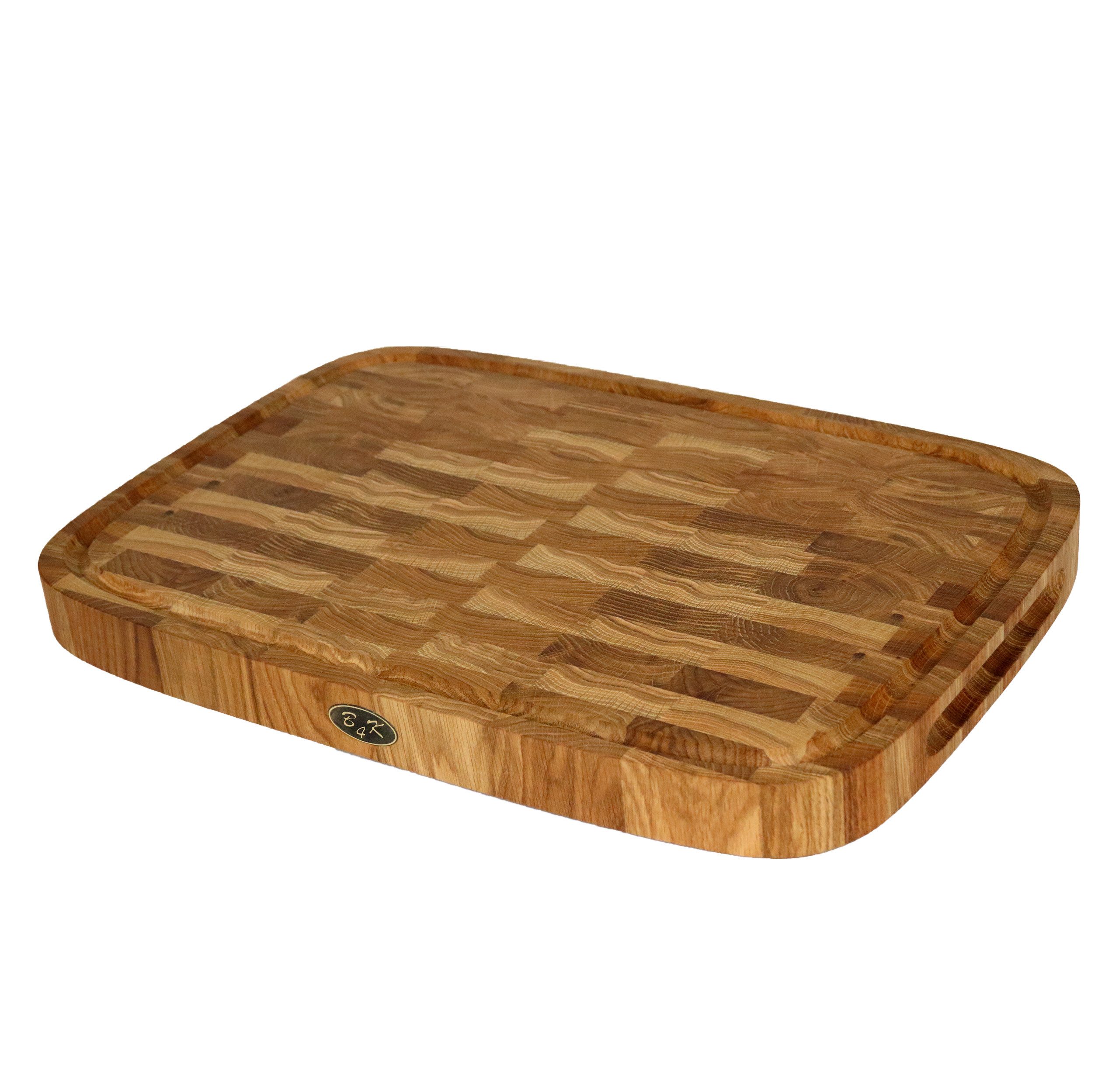 B4K Schneidebrett oval 50cm mit Ständer aus Eiche Stirnholz mit Griffen & Saftrille