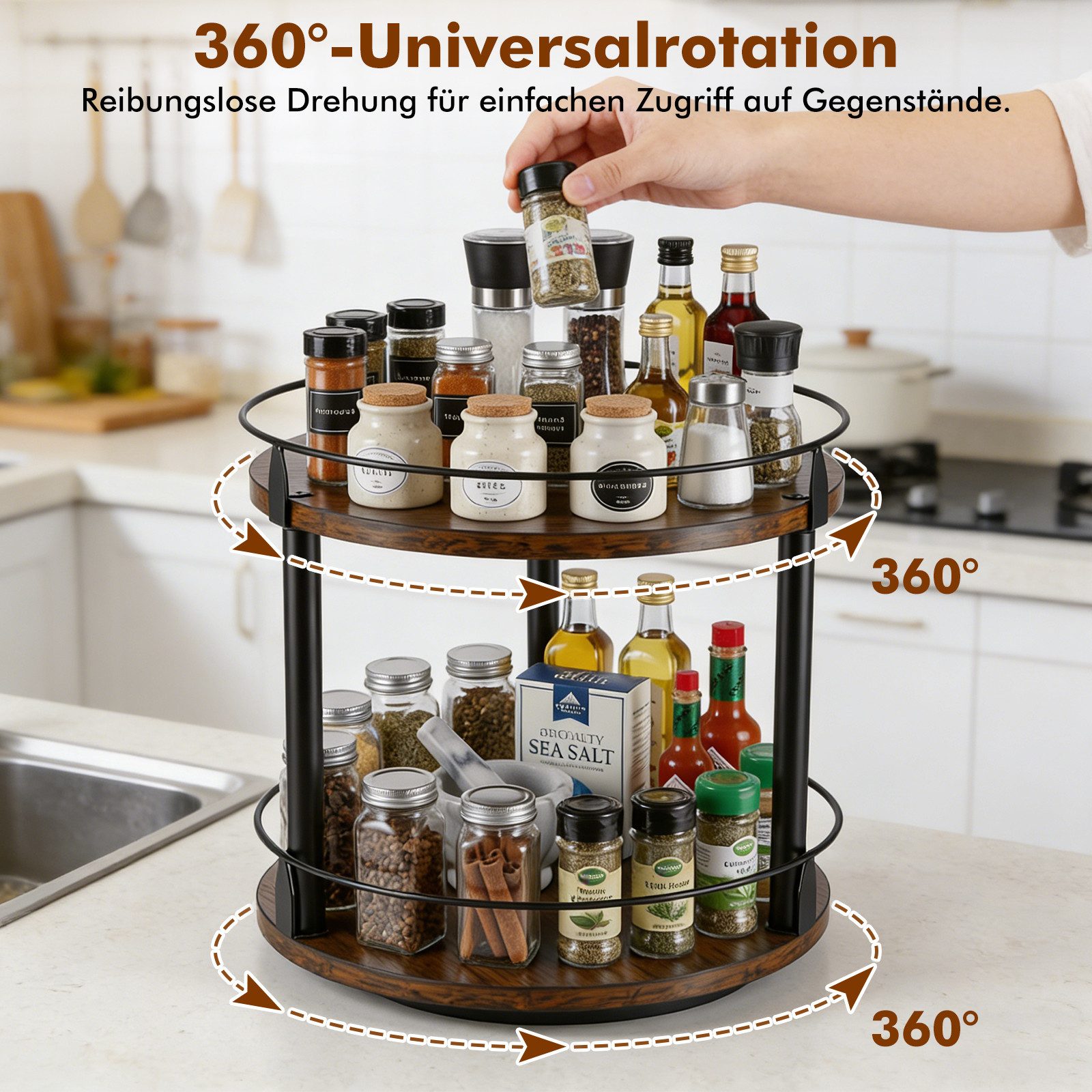 BlingBin Gewürzregal 360° Drehbar 2-Etagen Organizer Küchenregal, Gewürzständer, 1er Set 1-tlg., Lazy Susan mit Drehscheibe für Küchentheke, Esstisch, Speisekammer