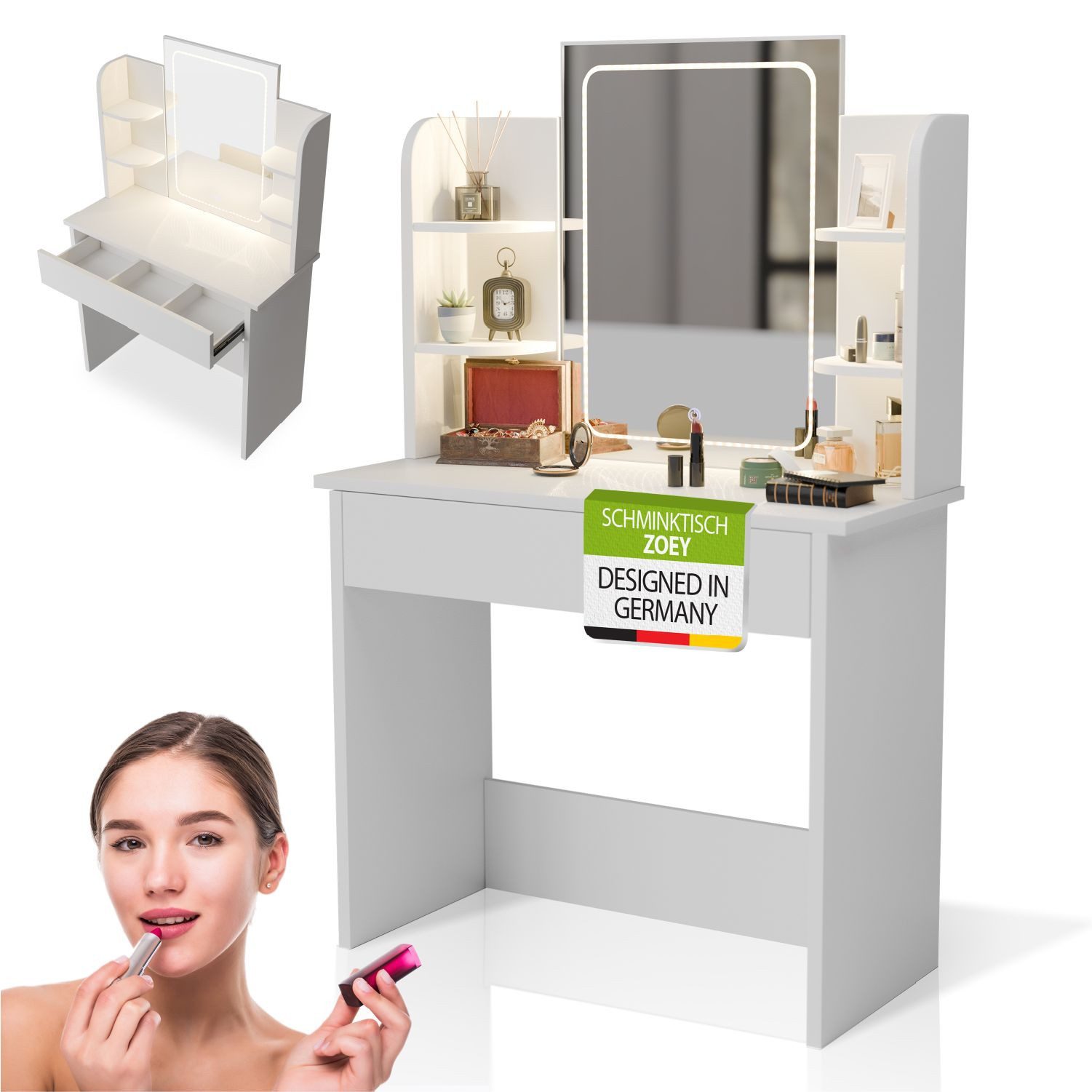 Juskys Schminktisch Zoey, Touch-LED-Spiegel mit 3 Stufen, viel Stauraum, Ab günstig online kaufen
