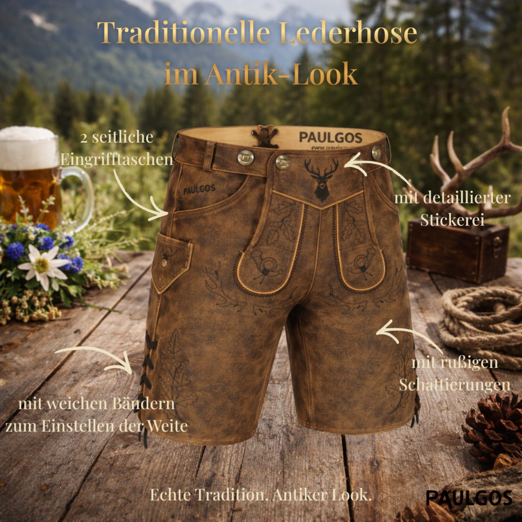 PAULGOS Trachtenhose Herren Lederhose Kurz mit Trägern 100% Echtleder - HK5 ANTIK