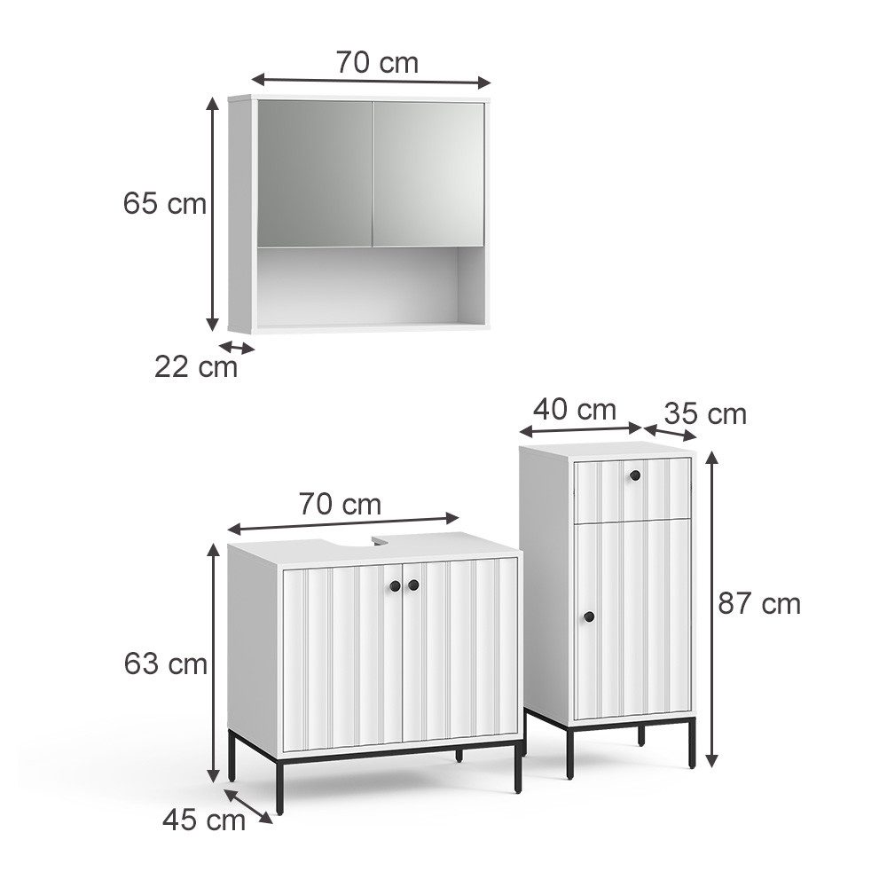 Vicco Badmöbel-Set Eliza, Weiß Riffel, 3 Teile, (3-St., 3er Set)