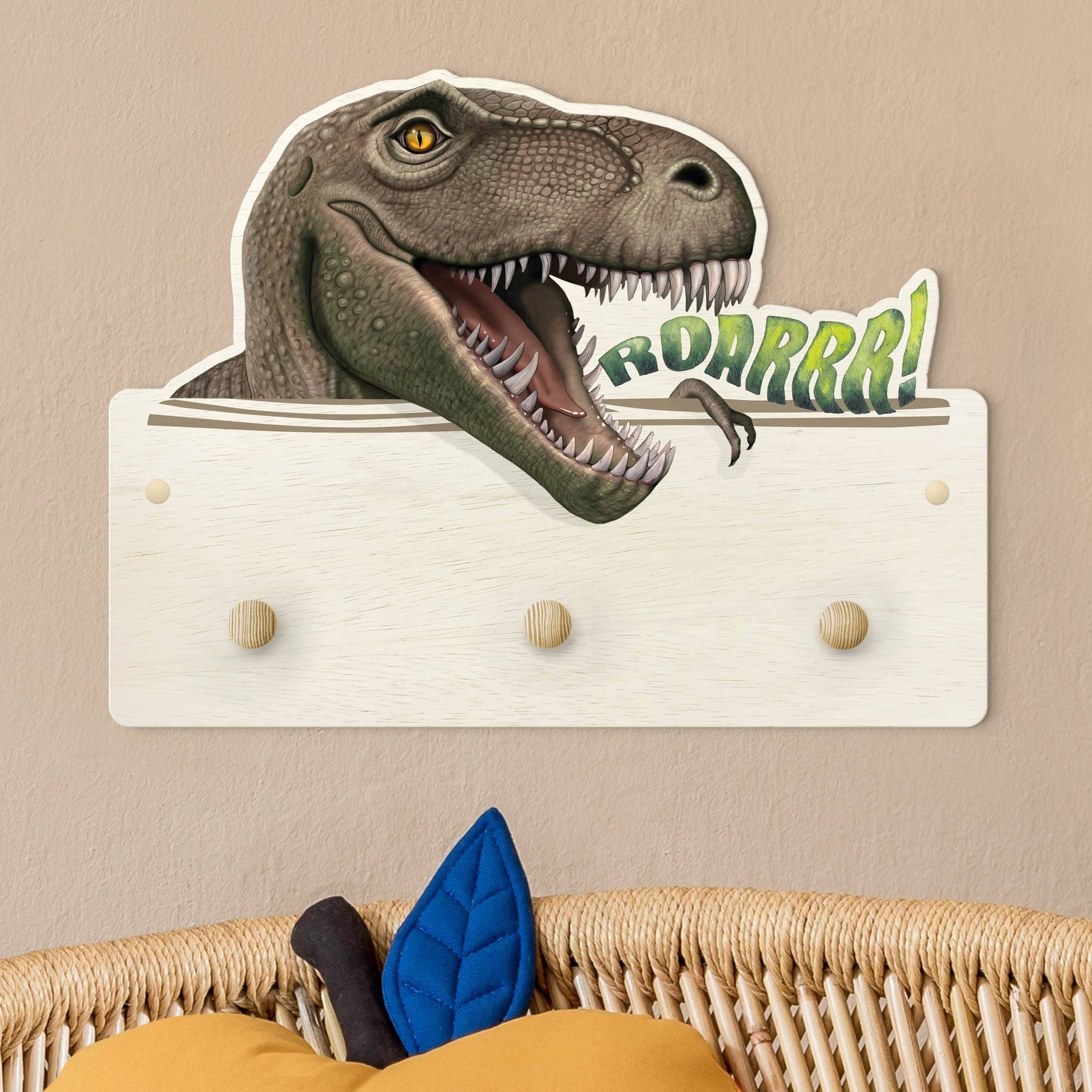 Bilderdepot24 Garderobenpaneel grün 3D-Optiken Tiere Dinosaurier T Rex (Kindergarderobe holz Kleiderhaken für die Wand inkl. Montagematerial), moderne Wand Garderobenleiste Flur - kleine Hakenleiste Kinderzimmer