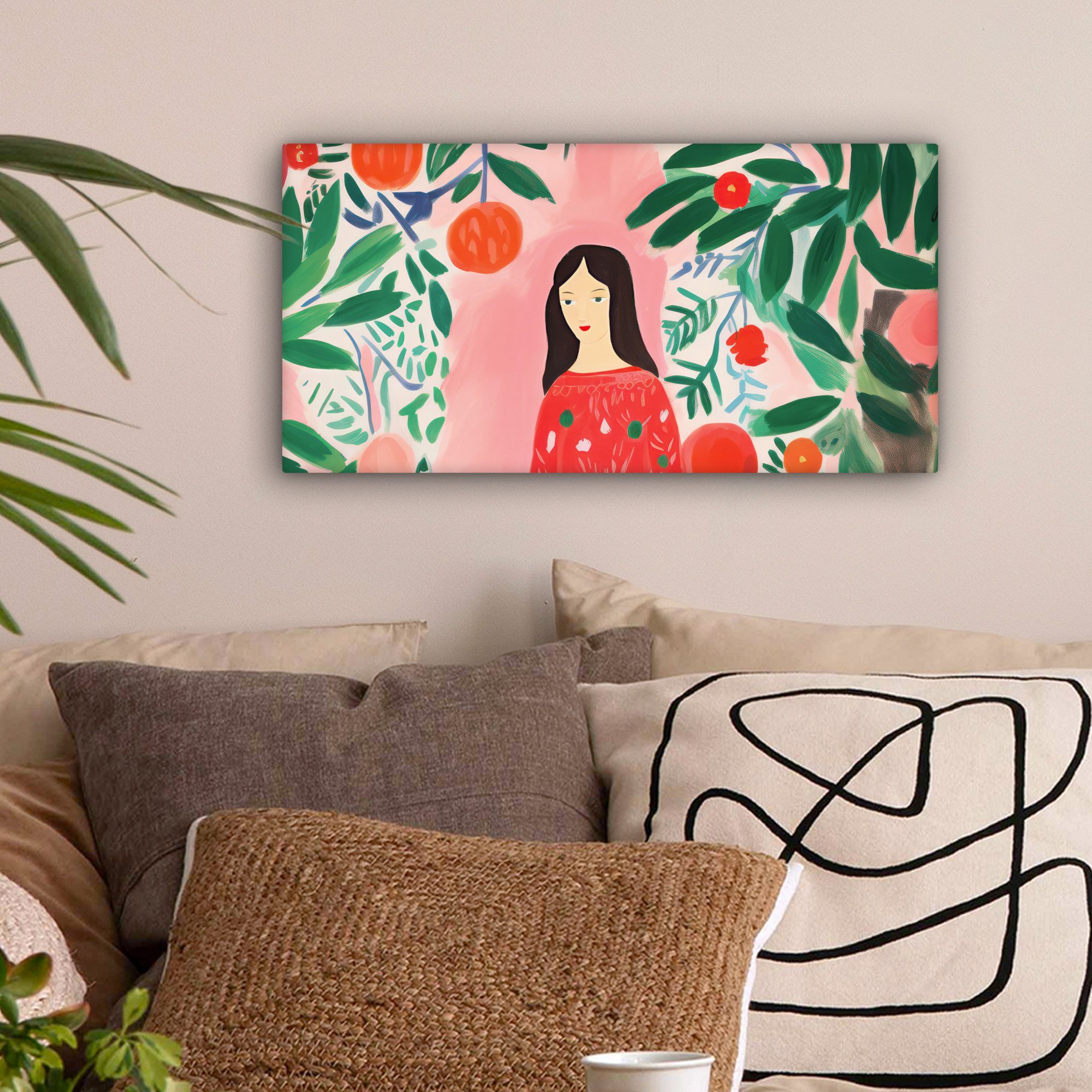 OneMillionCanvasses® Leinwandbild Panorama Weihnachten - Frau - Pflanzen - Grün - Rot, Fotodruck (1 St), Wandbild, Deko Schlafzimmer Wohnzimmer Flur 40x20 cm