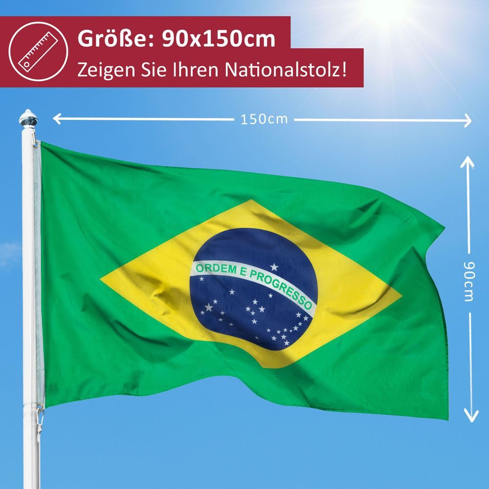 PHENO FLAGS Flagge Brasilien Flagge 90 x 150 cm Brasilianische Fahne Nationalfahne (Hissflagge für Fahnenmast), Inkl. 2 Messing Ösen