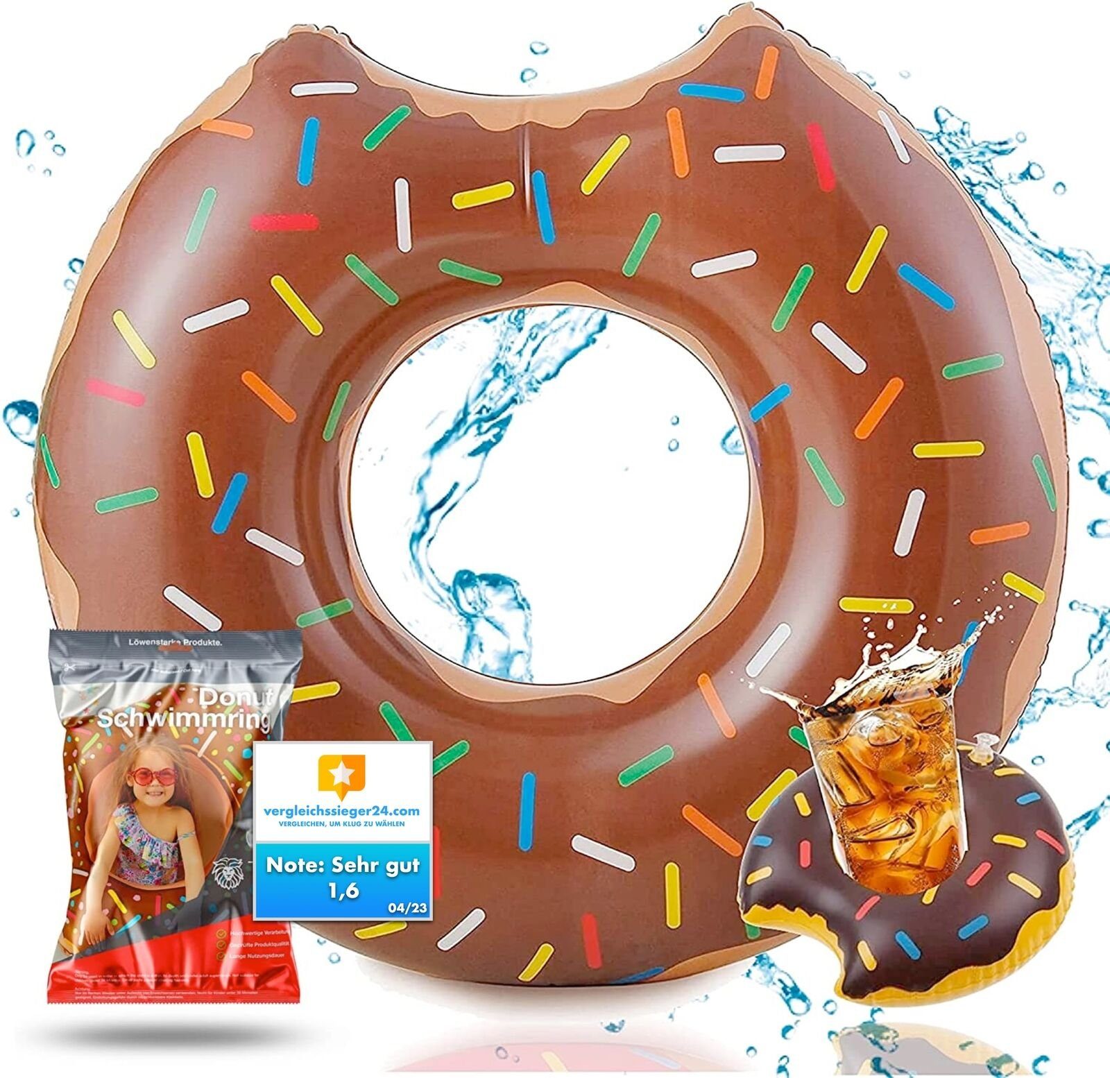SwimAlot® Schwimmring Aufblasbarer angebissener Donut Schwimmring braun inkl. Getränkehalter (1-tlg)