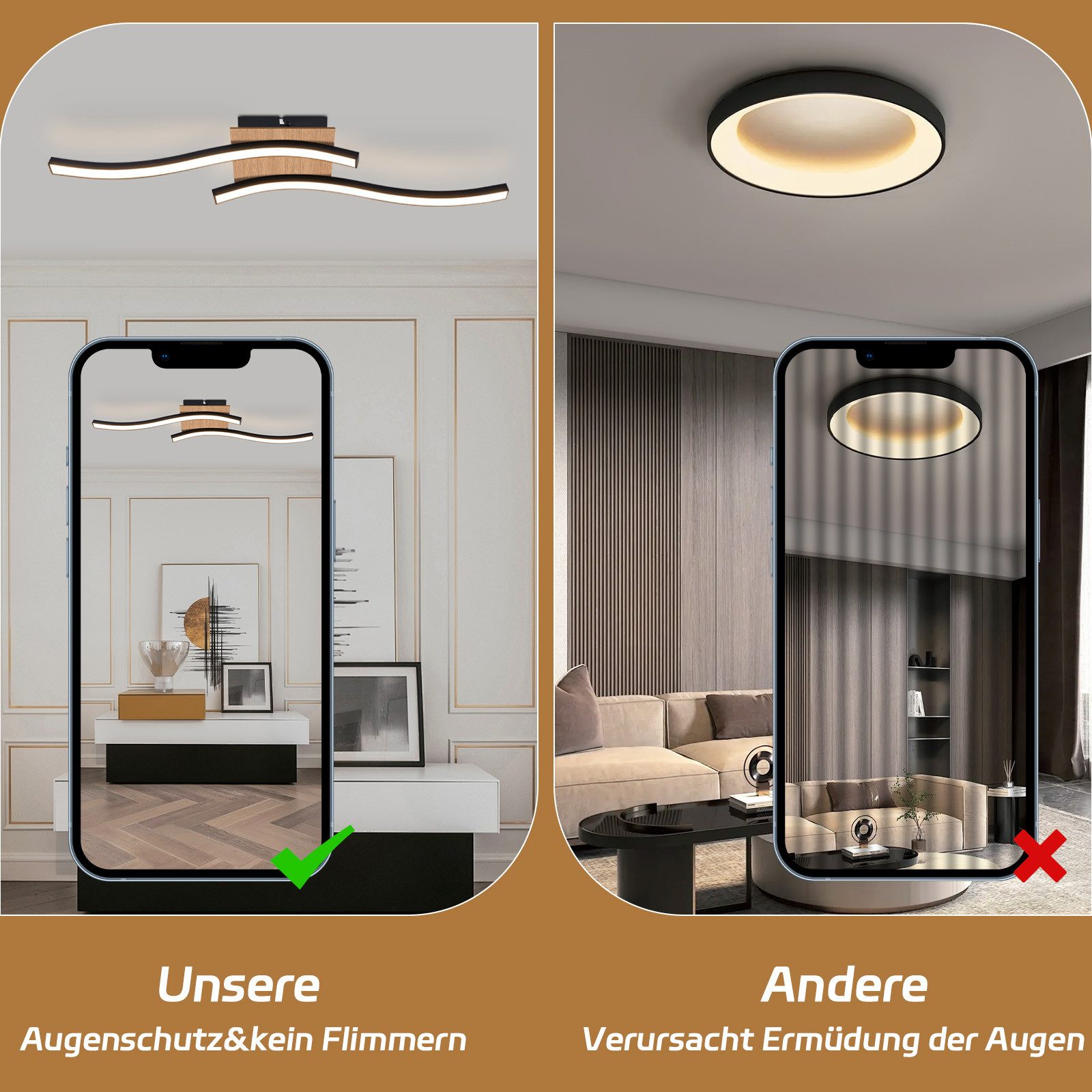 ZMH LED Deckenleuchte Wohnzimmer Holz Schwarz Wellenförmig Modern Deckenlampe Warmweiß, LED fest integriert, 3000K, Augenschutz Küchenlampe für Flur – Bild 4 von 5