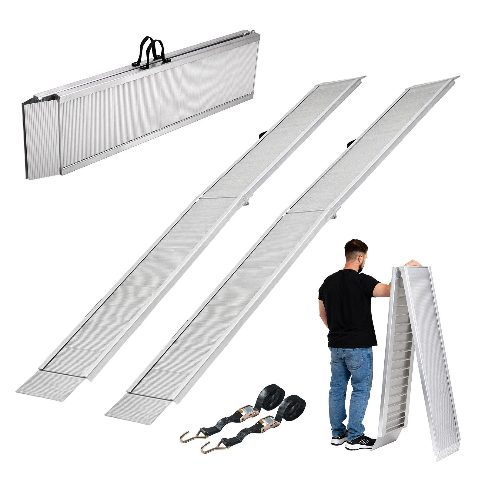 TRUTZHOLM Auffahrrampe extralang 307 cm klappbar Traglast 900 kg Alu geriffelte Lauffläche 2x (2er Set, 2-St., Inkl. 2x Spanngurt), flacher Auffahrwinkel durch Länge, geriffelte Lauffläche