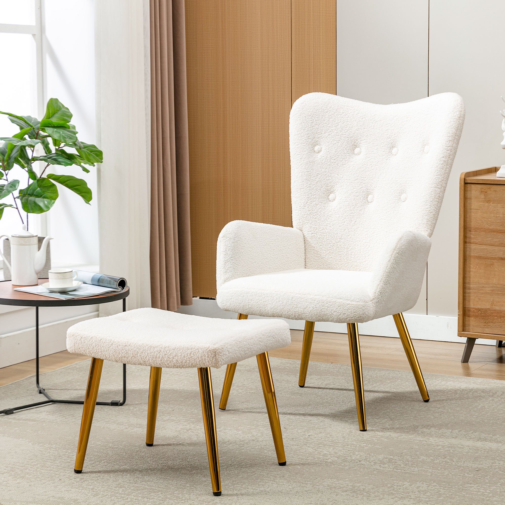 Ohrensessel, Polstersessel mit Hocker Fernsehsessel, Teddy-Fleece