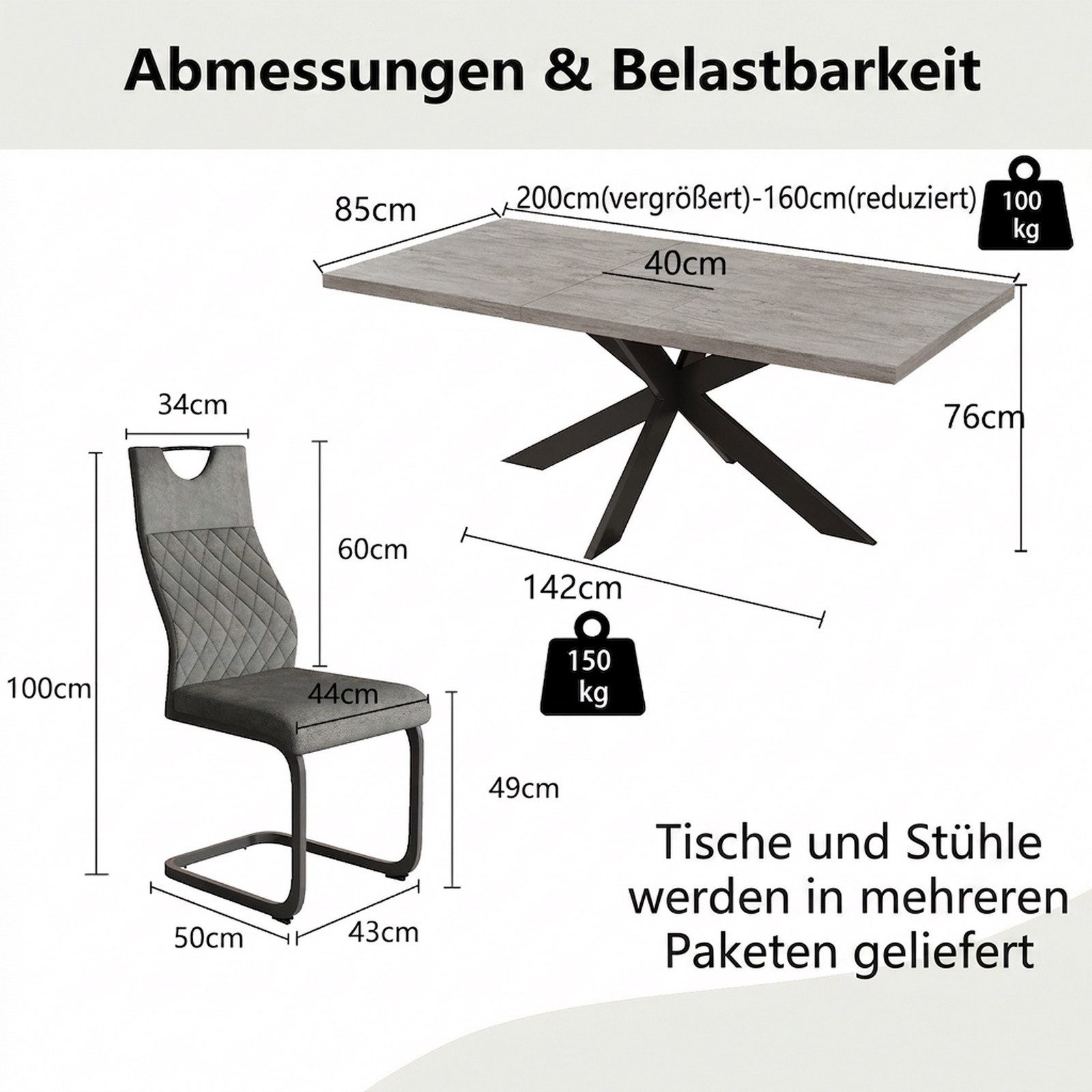Jiexi Essgruppe Essgruppe ausziehbar 160-200cm MDF Set Hightech Freischwinger
