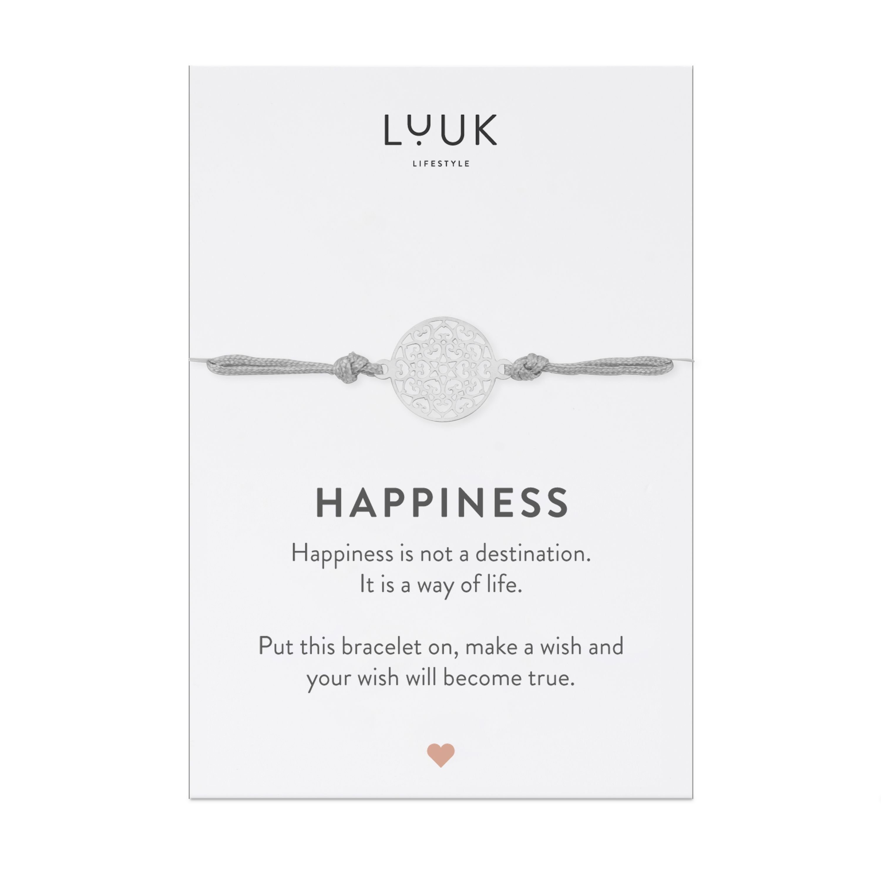 LUUK LIFESTYLE Freundschaftsarmband Lebensblume, handmade, mit Happiness Spruchkarte Silber