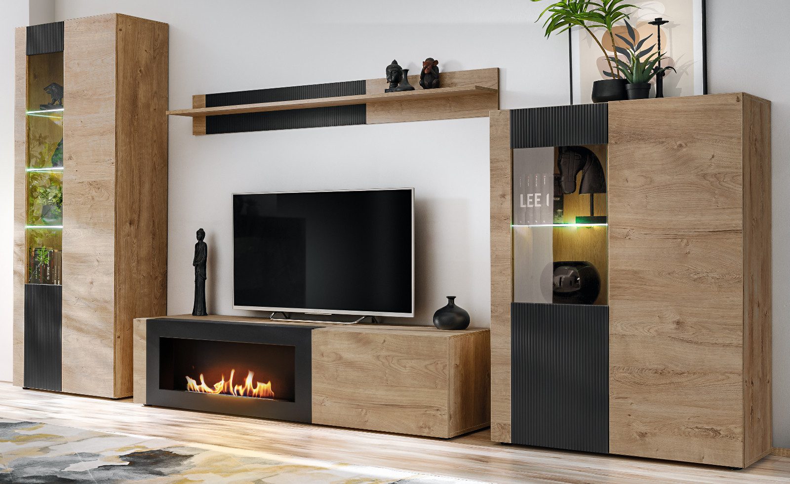 Inn.Furn Wohnwand Heron, (Schrankwand mit integriertem Kamin, 4-St., Eiche und Schwarz, 350 cm), Push-To-Open, inklusive LED Beleuchtung