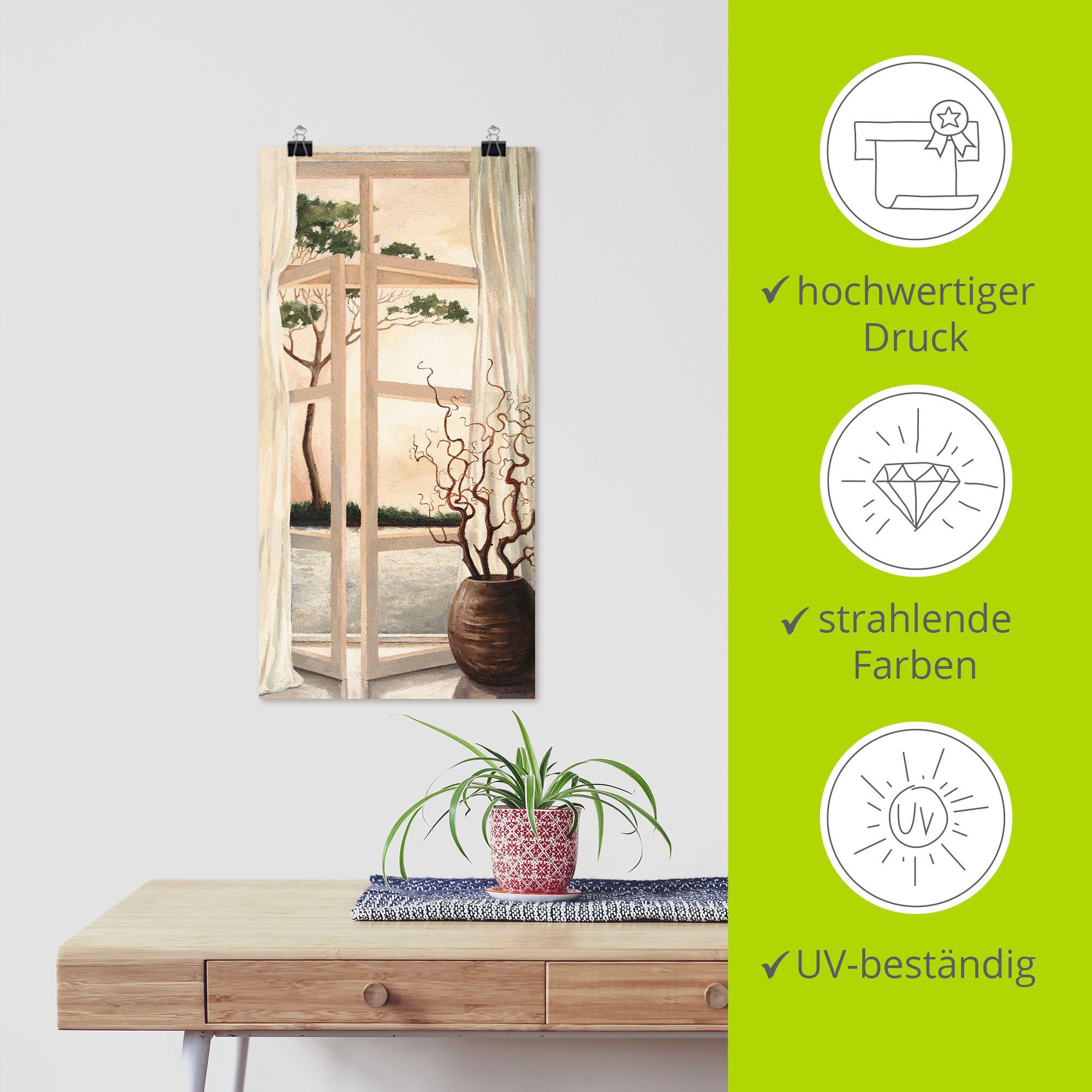 Artland Wandbild Fensterbild Toskanischer Sonnenuntergang, Fensterblick (1 St), als Alubild, Leinwandbild, Poster in verschied. Größen