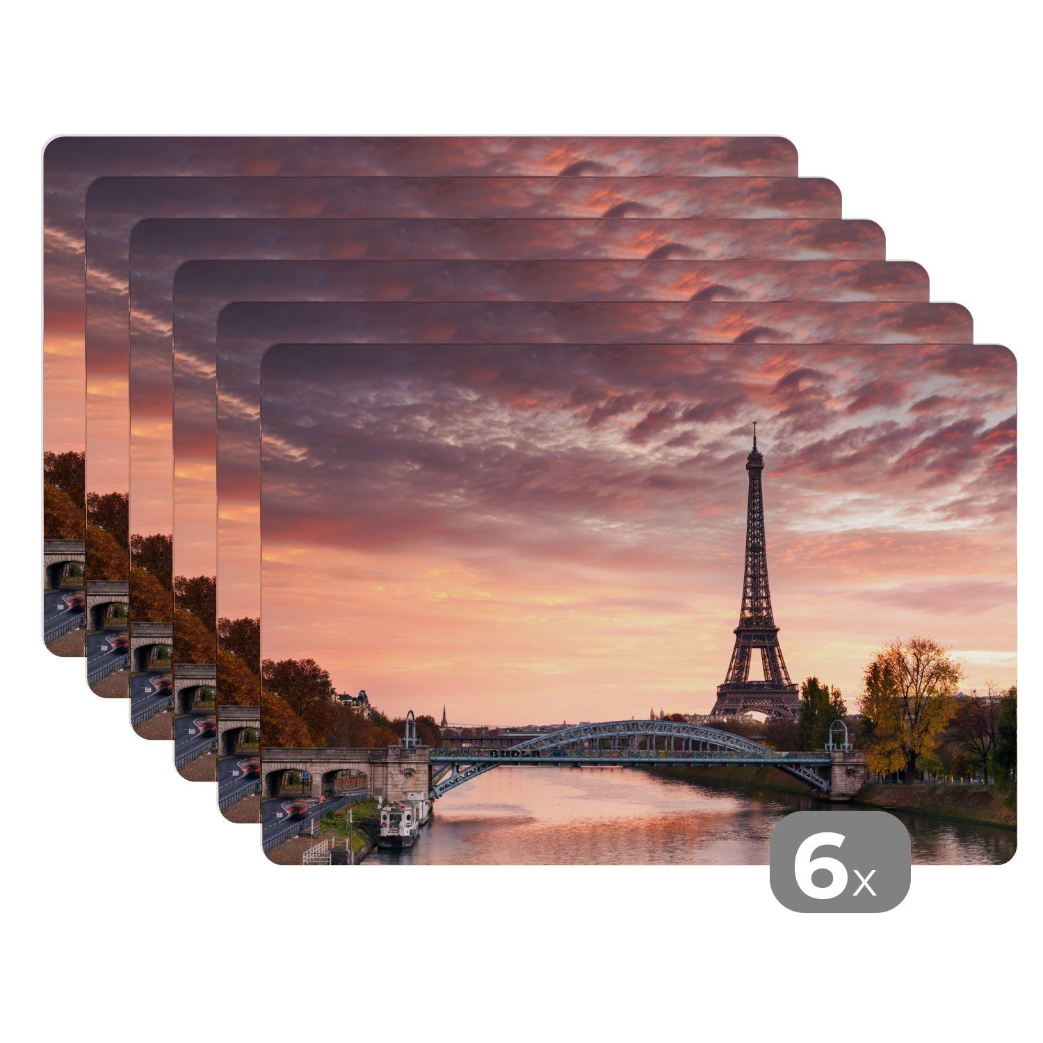 orangefarbener Schmutzabweisend Platzdecken, Platzset, Himmel in über Eiffelturm wunderschöner dem Ein Platzset, Tischmatten, MuchoWow, Paris, Platzmatte, (6-St),