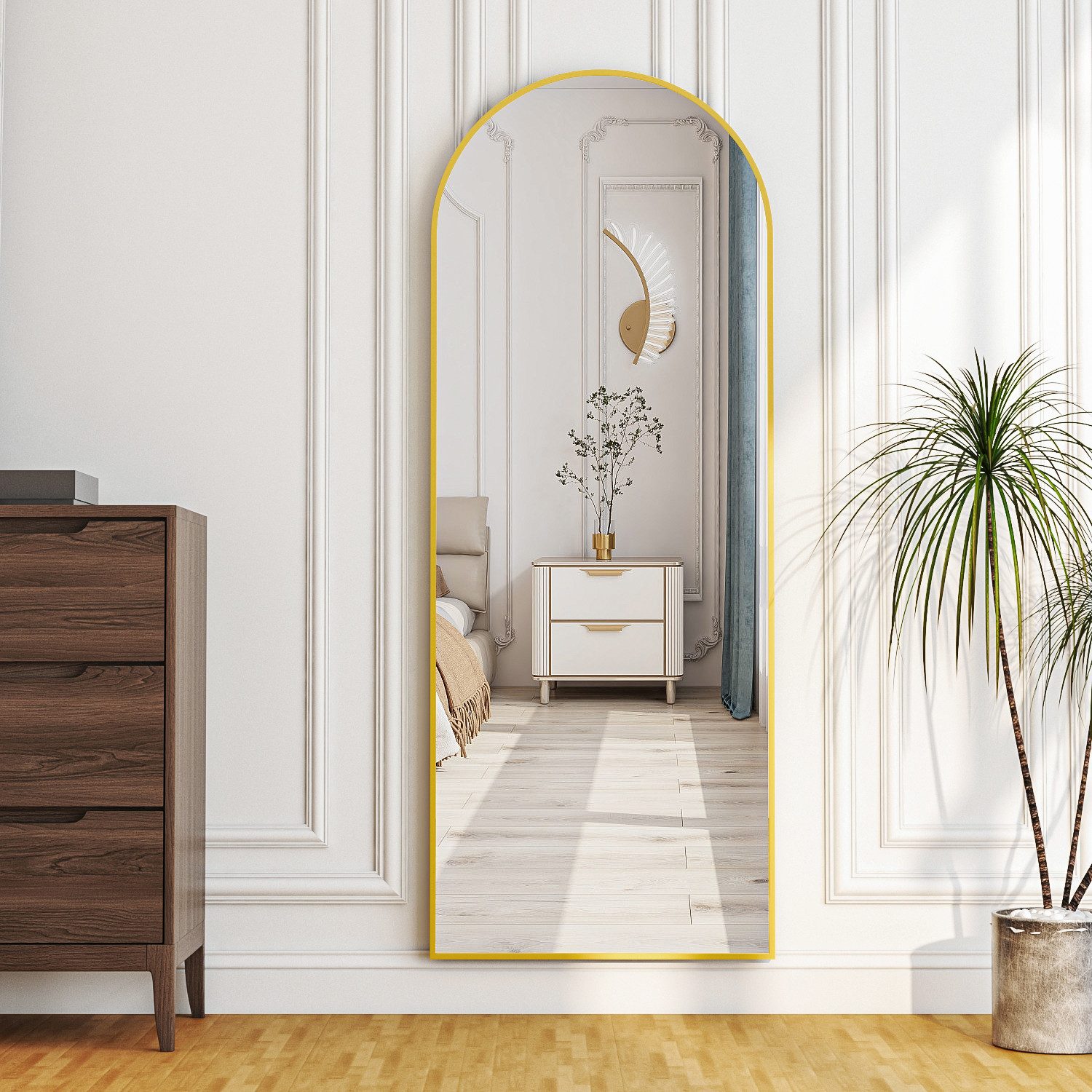 Hopibath Standspiegel groß Gold 150x50cm Ganzkörperspiegel Oval (Garderobenspiegel Bogenspiegel Hochspiegel, 5mm HD Glas, mit Alurahmen), Explosionsgeschutz, Umweltschutz