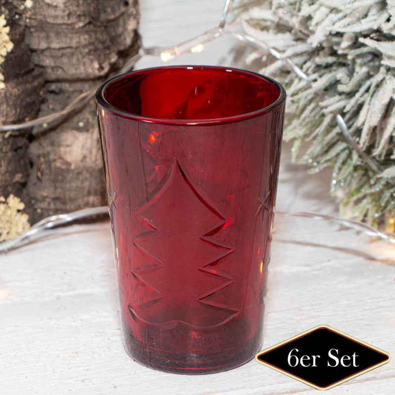 Antikas Weihnachtsfigur Teelichthalterset, Baum, 6er Set, Glas, Rot, H9,5xB6,5 cm