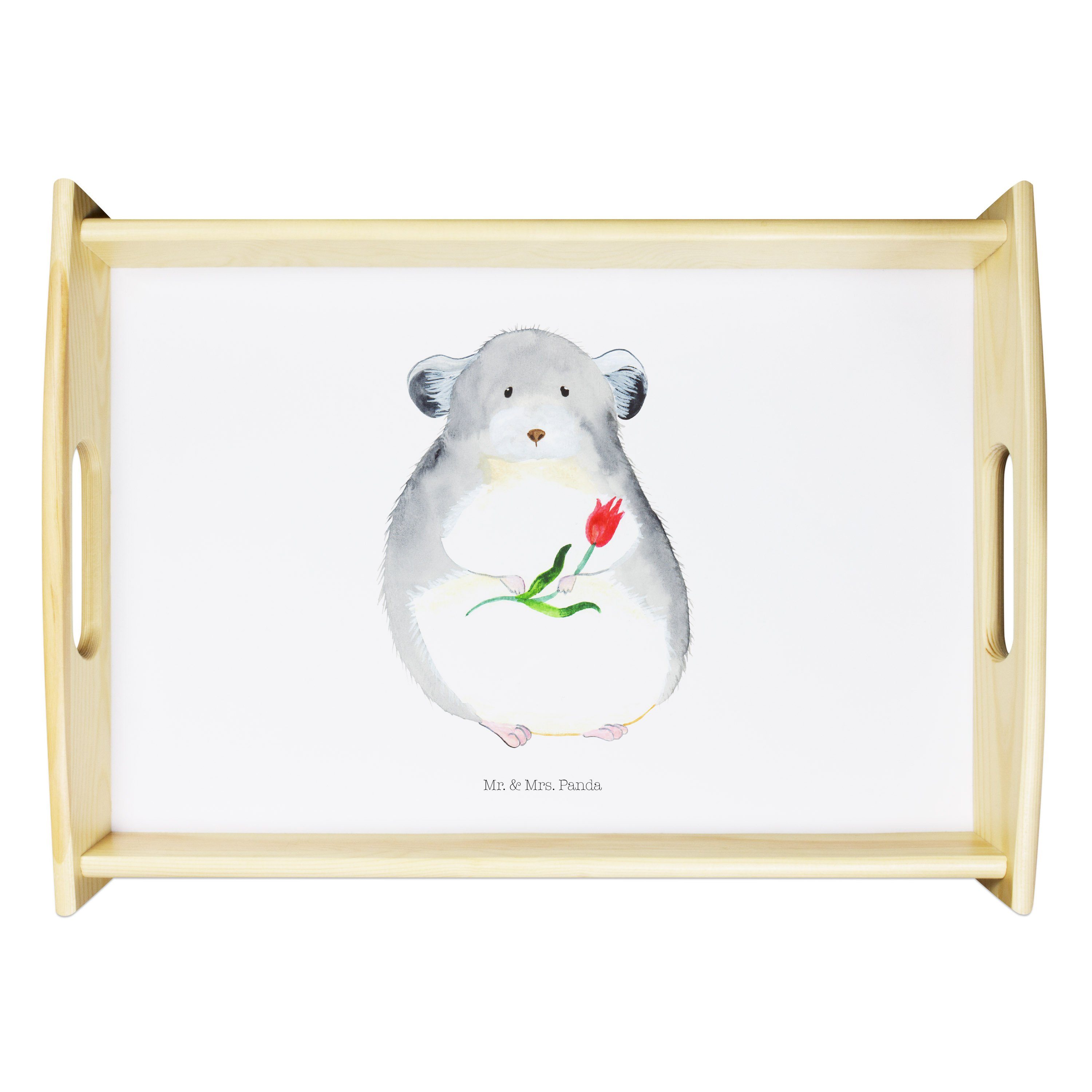 Mr. & Mrs. Panda Tablett Chinchilla mit Blume - Weiß - Geschenk, Kummer, Küchentablett, Büro, Echtholz lasiert, (1-tlg)