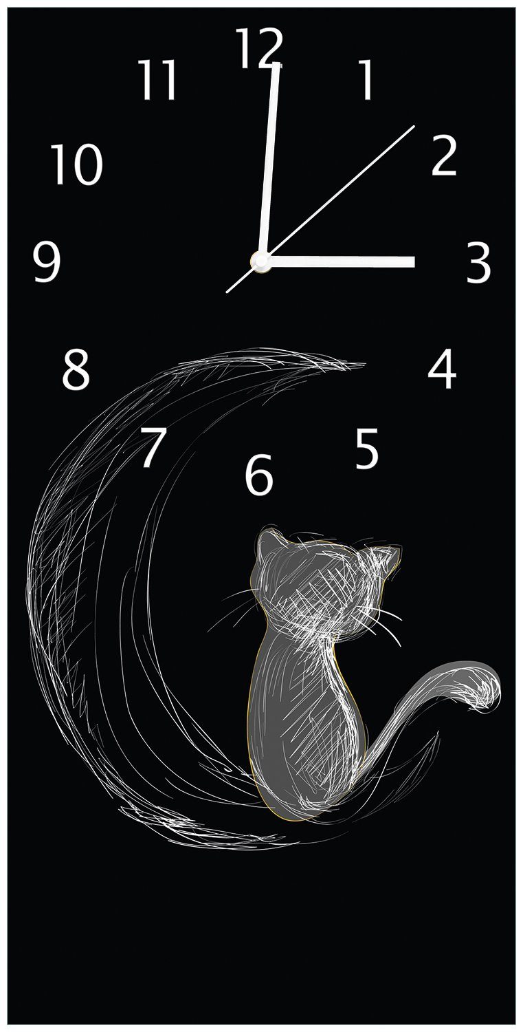 in illustriert auf - Acryl) Katze dem aus weiß schwarz Wallario sitzt auf Wanduhr Mond (Uhr