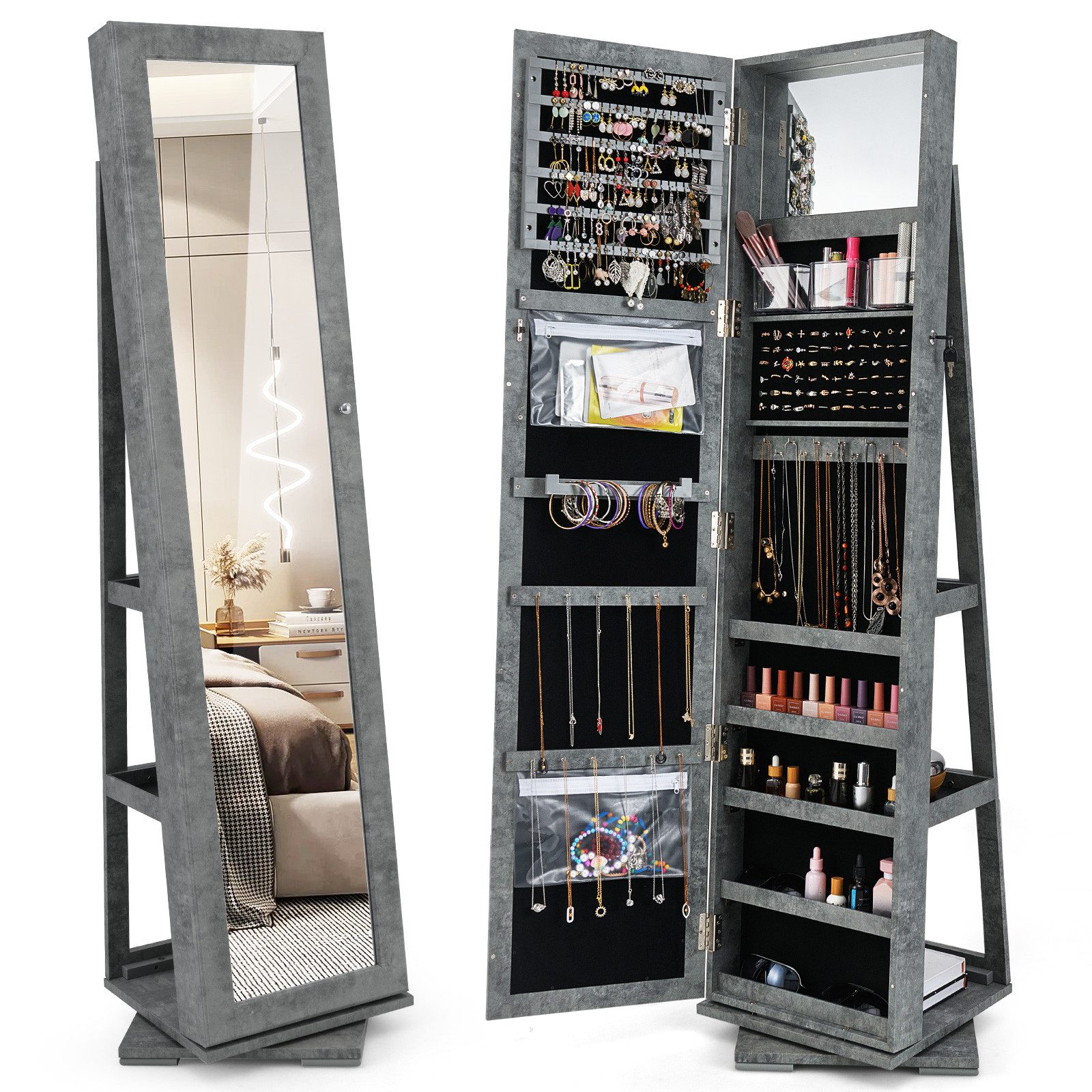COSTWAY Schmuckschrank stehend, mit Spiegel & Regal, drehbar, abschließbar