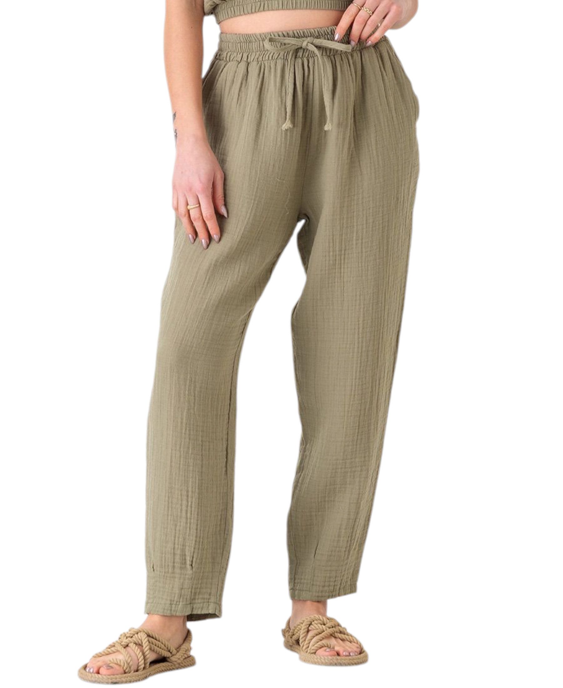 WENOR Stoffhose Damen Musselin Hose Baumwolle Tapered Sommerhose Knöchellänge, elastischer Bund, lässiger Style