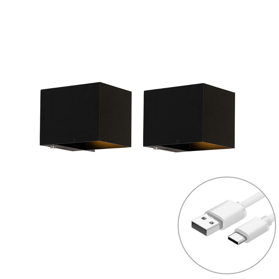Qazqa USB-Stehleuchte Joris (2-St), QAZQA Akku­leuchte, Schwarz, Aluminium, Modern