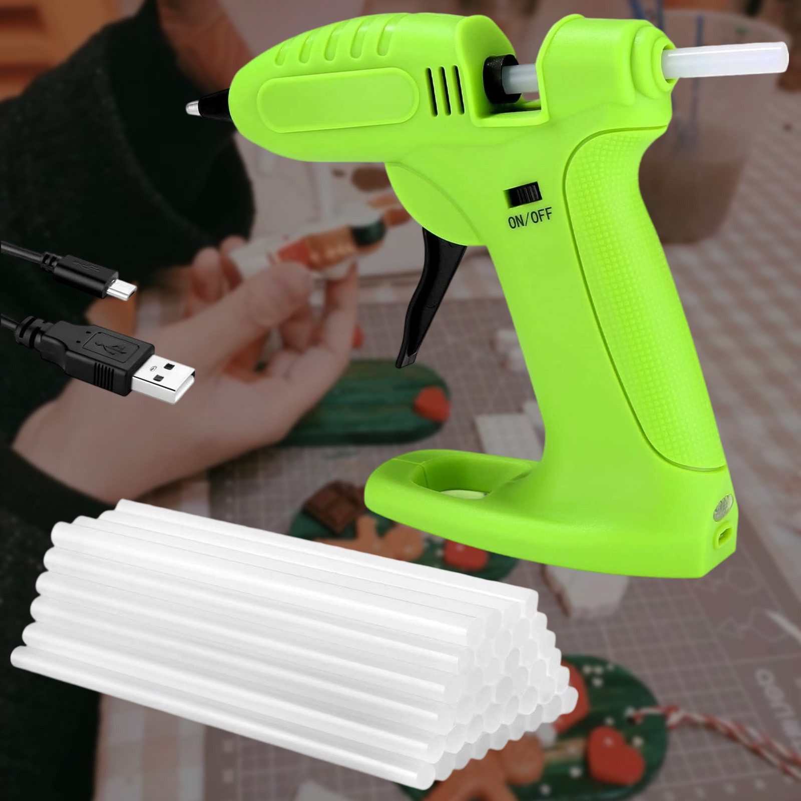 MODFU Heißklebepistole Akku Klebepistole Heissklebepistole Klebepistolen, (mit 30 Transparente Klebesticks 7x150mm, 31 St., kabellos 2000mAh 90s Aufheizung USB-Aufladung), für Schule DIY Kunst Handwerk und Schnelle Reparaturen in Haus