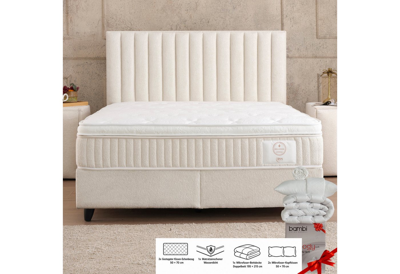 gowoll Boxspringbett mit Matratze Polsterbett Stauraumbett Betkasten inkl. Lieferung Beleza (Set, 2 Bettkästen, 1 Matratze, 1 Kopfteil (Nachttisch optional), inkl. Matratze
