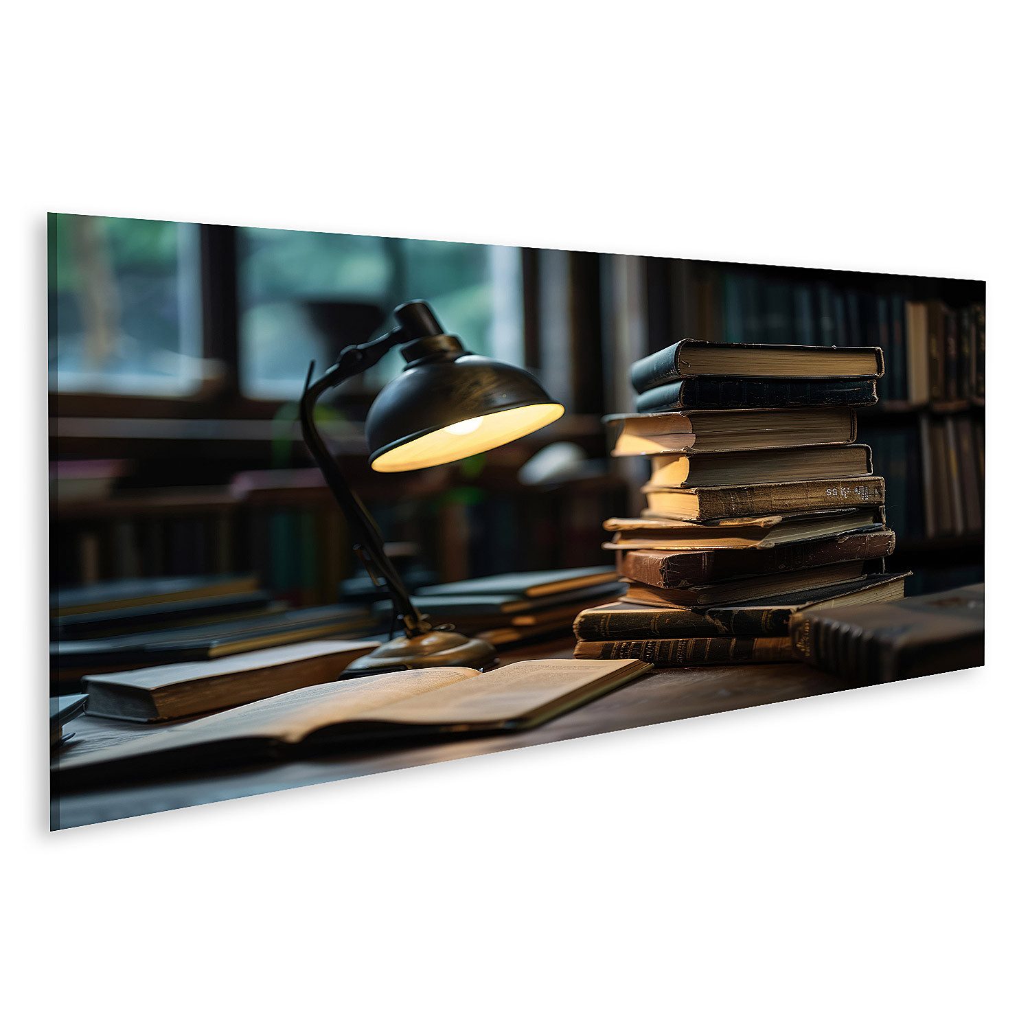 islandburner Leinwandbild, Stapel alter Bücher unter einer Lampe