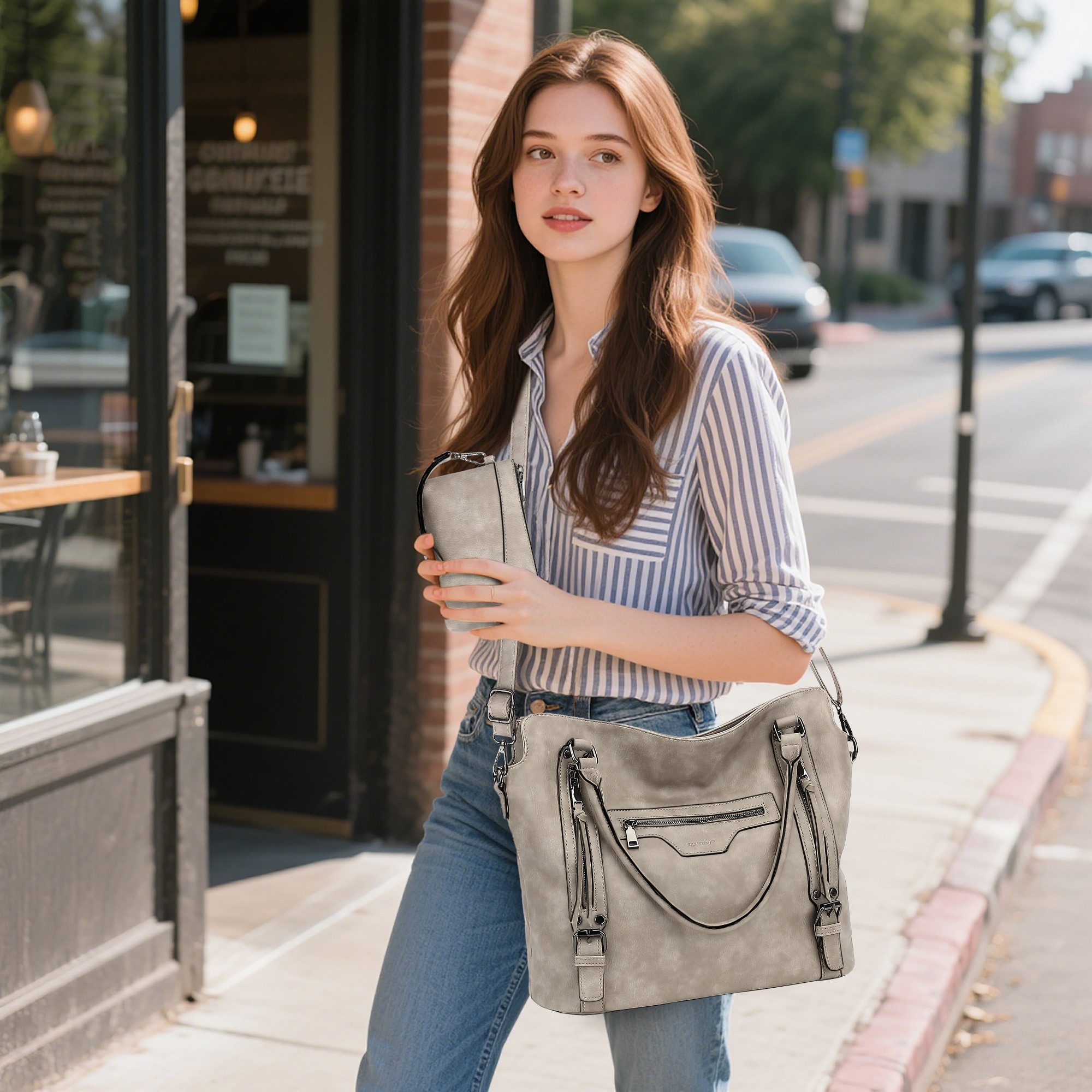TAN.TOMI Handtasche Damen Shopper - Set Schultertasche Henkeltasche Umhängetasche, Mit abnehmbarem Schultergurt für Büro Schule Einkauf Reise
