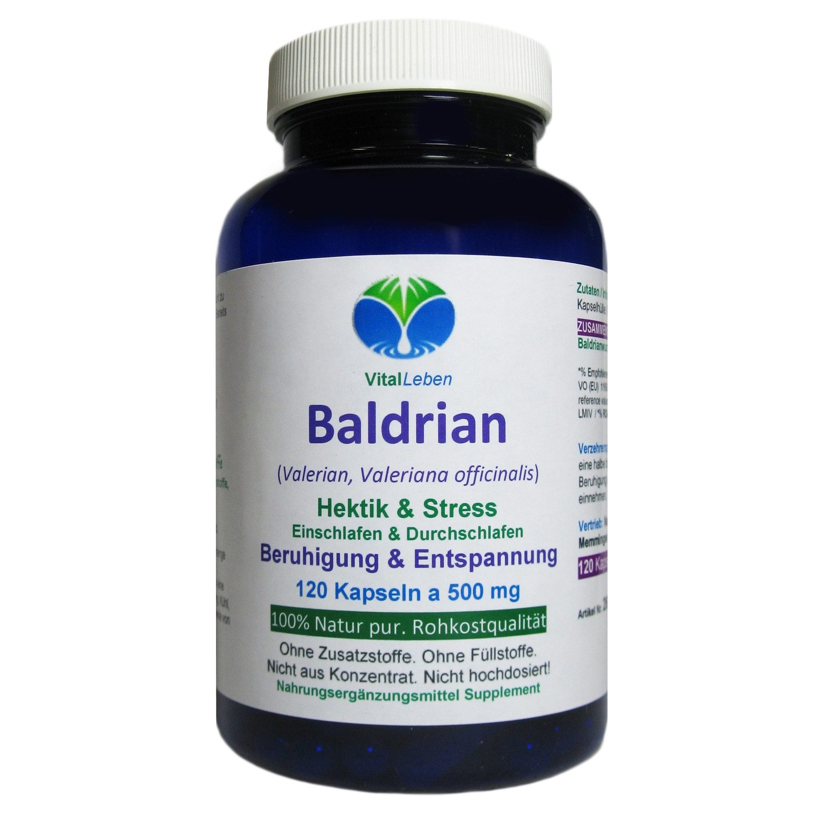 VitalLeben Baldrian PFLANZLICHES Beruhigungsmittel Einschlafen & Durchschlafen Kapsel, 1 er Dose à 120 St., 60 g, Art. 26670-120