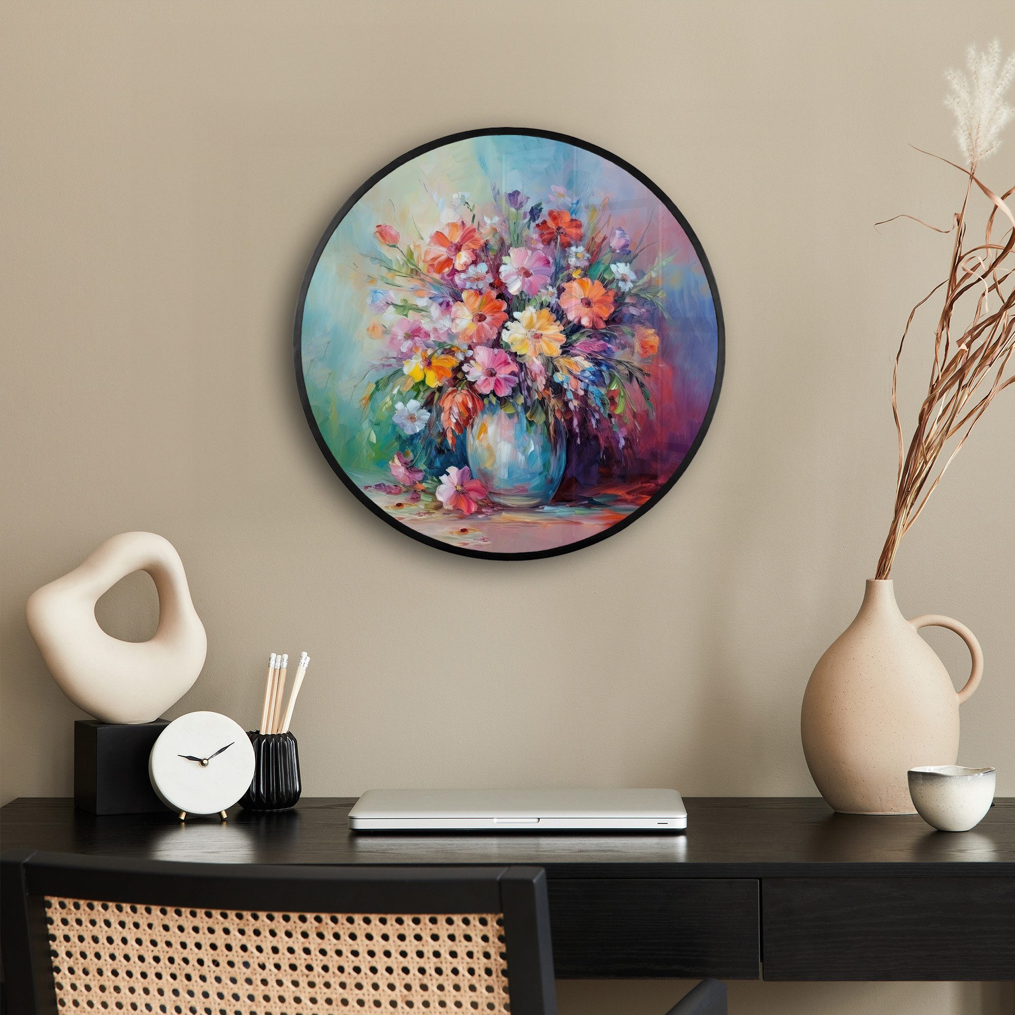 MuchoWow Poster Rund - Blumen - Kunst - Malerei - Frühling - Blumenstrauß, (1 St), Runde Wandbilder, Deko für Wohnzimmer und Schlafzimmer, 40x40 cm