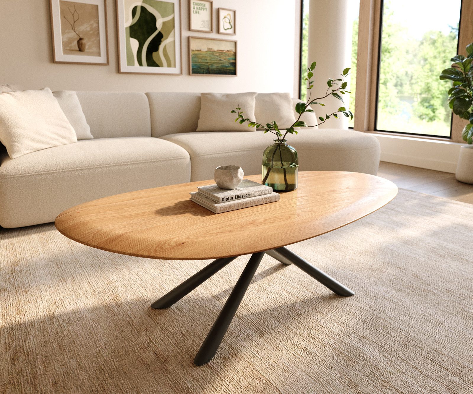 DELIFE Couchtisch Edge, Oval 140x75 cm Eiche Natur Runde Kante Sarity Metall Schwarz