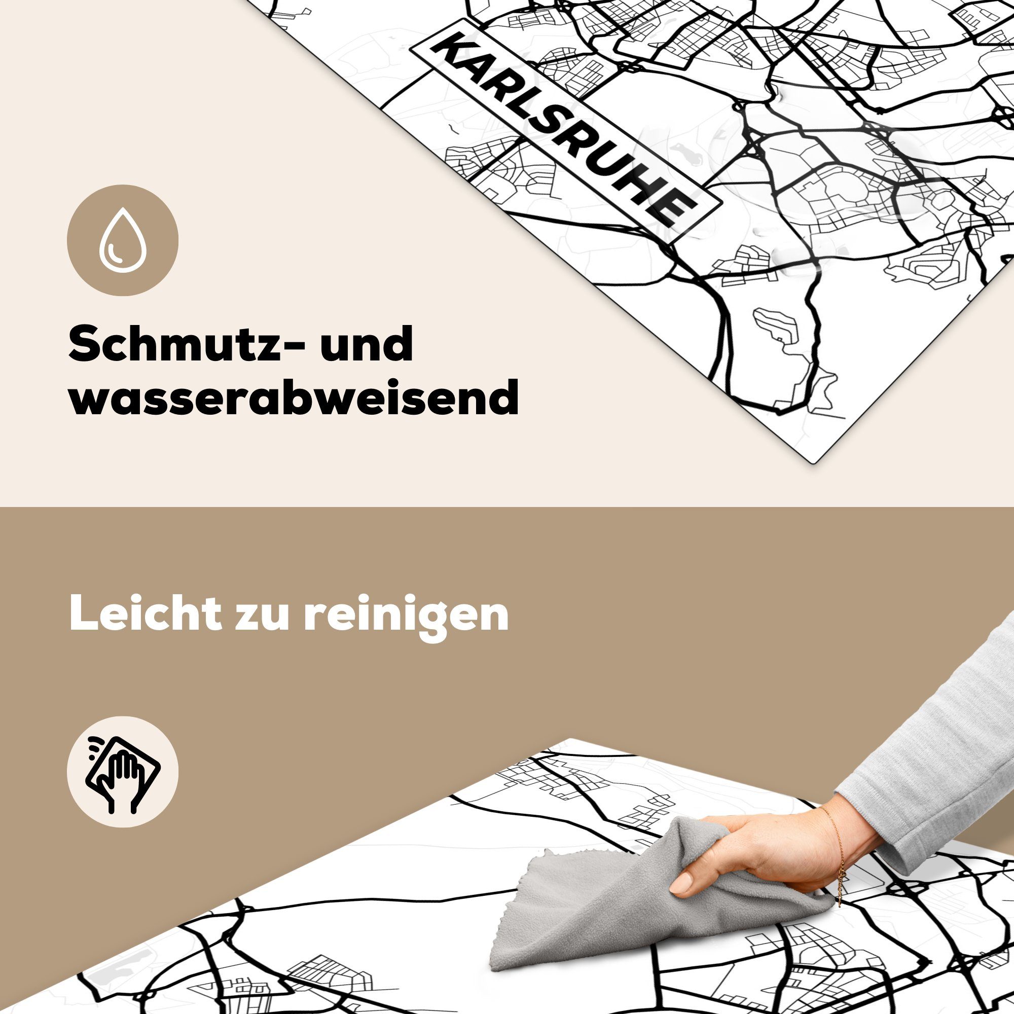 Stadtplan, Karte für tlg), 78x78 Herdblende-/Abdeckplatte MuchoWow Karlsruhe cm, küche - Karte Arbeitsplatte (1 Ceranfeldabdeckung, - - Vinyl,