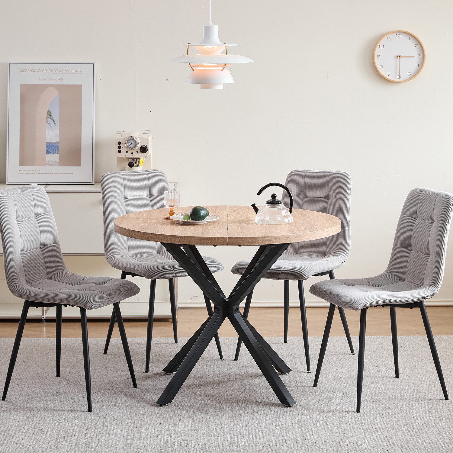 GrandCA HOME Essgruppe Tisch- und Stuhl-Set im Nordischen Stil, Essgruppe mit Stühlen, (5-tlg), Stühle aus Dutch Velvet / Cord, Metallbeine, Schwarz/Grau