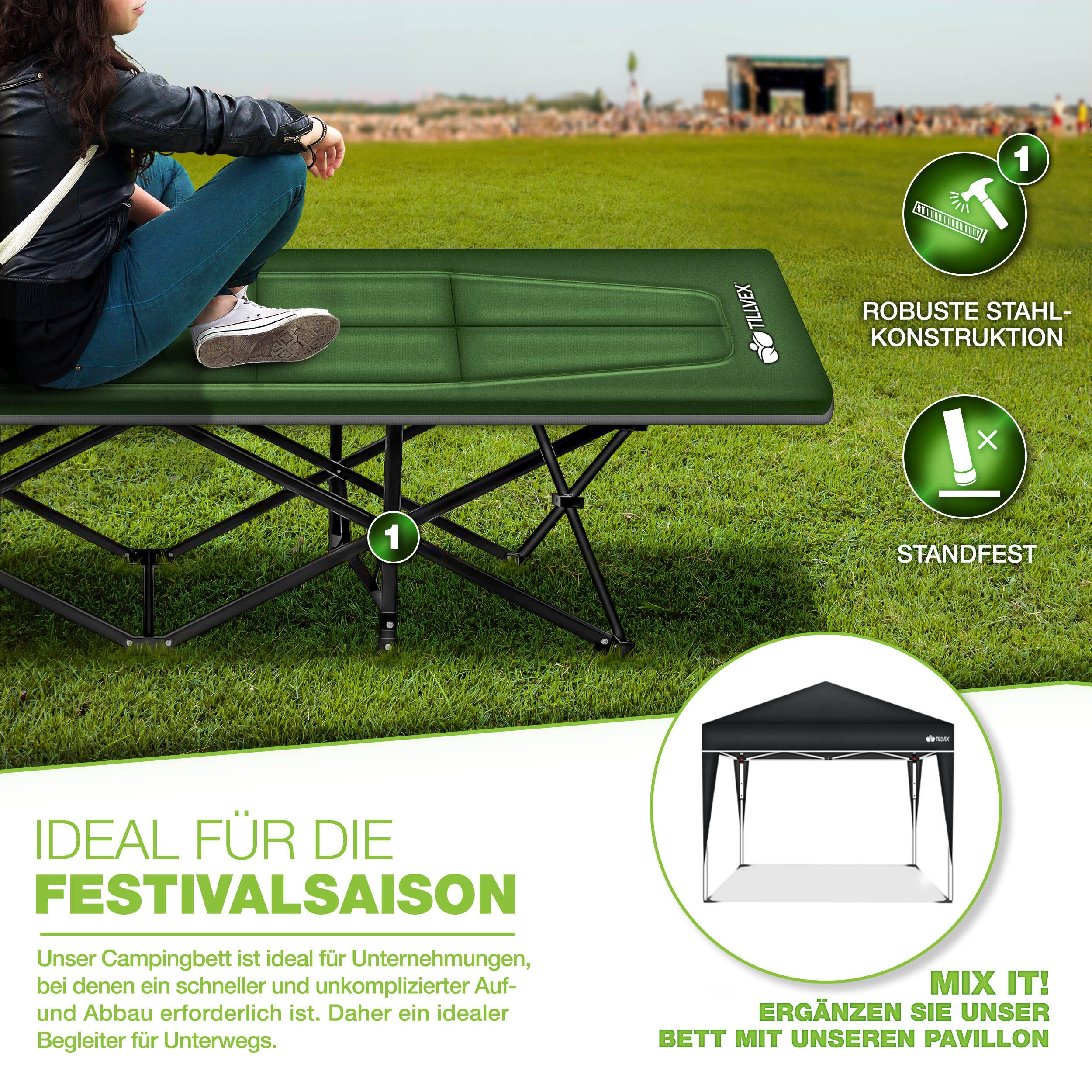 tillvex Feldbett tillvex® Campingbett klappbar mit Tragetasche, Campingliege extra (Klappbett Gästebett faltbar Garten Camping Angeln Festival Reise, Karpfenliege für Outdoor & Indoor) transportieren