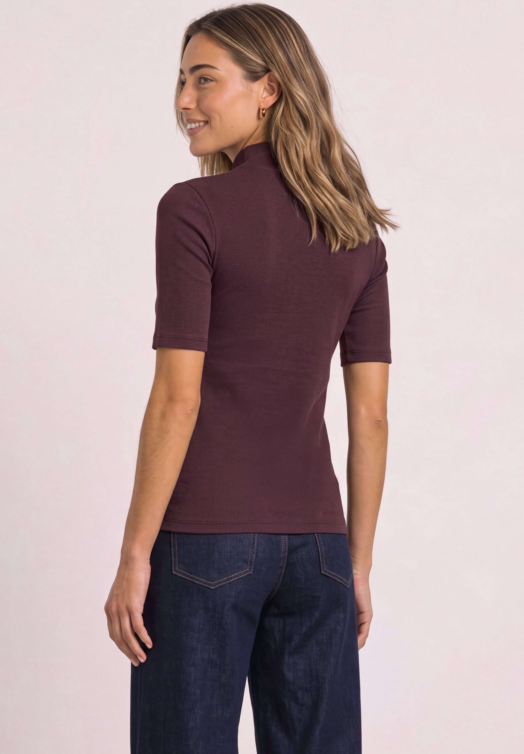 STREET ONE Kurzarmshirt Sommershirt mit Turtelneck / Ripp-Strick
