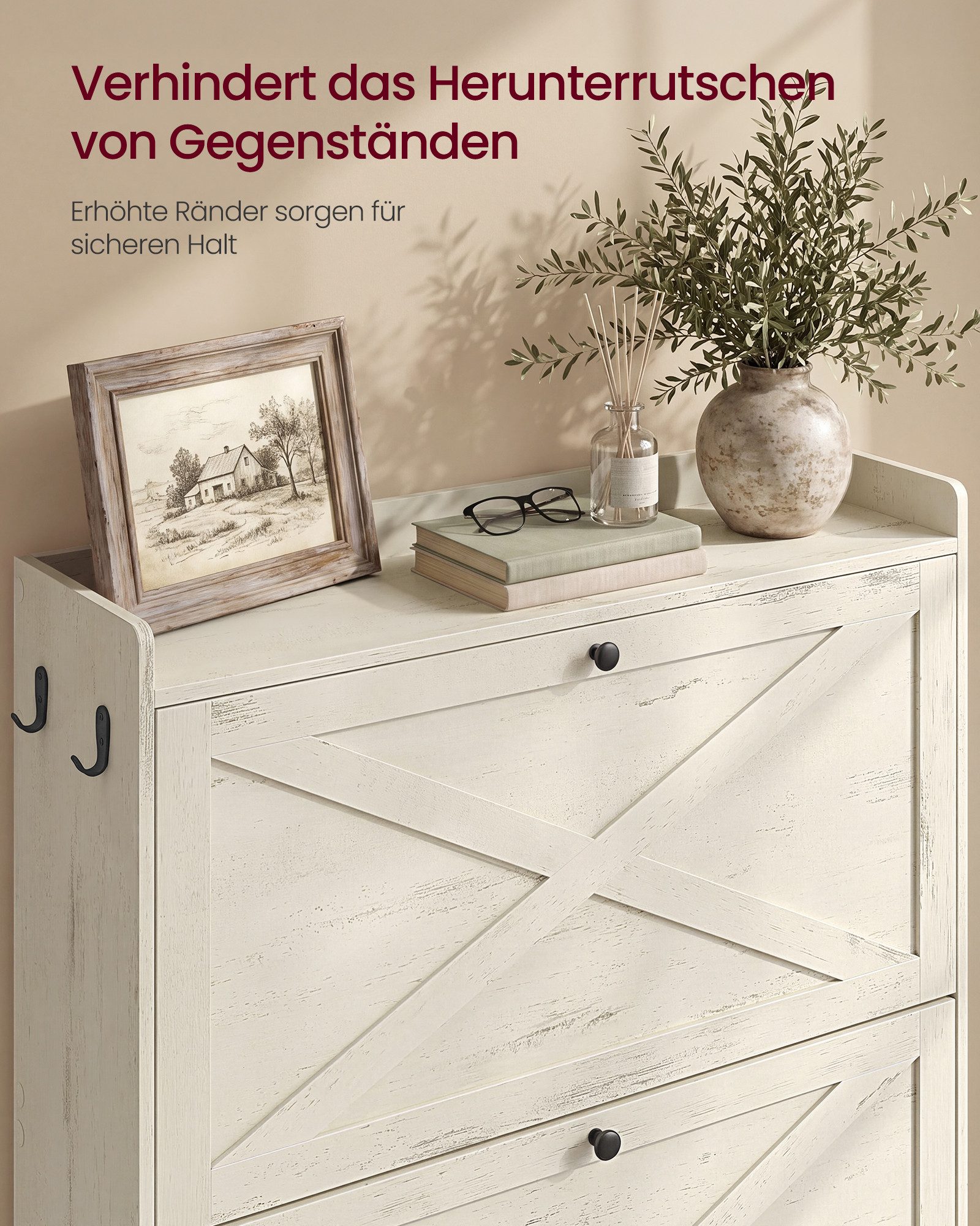 VASAGLE Schuhschrank Schuhkipper schmal, mit 3 oder 4 Klappen, Landhausstil Schuhregal mit verstellbaren Trennwänden, bis EU-Größe 46