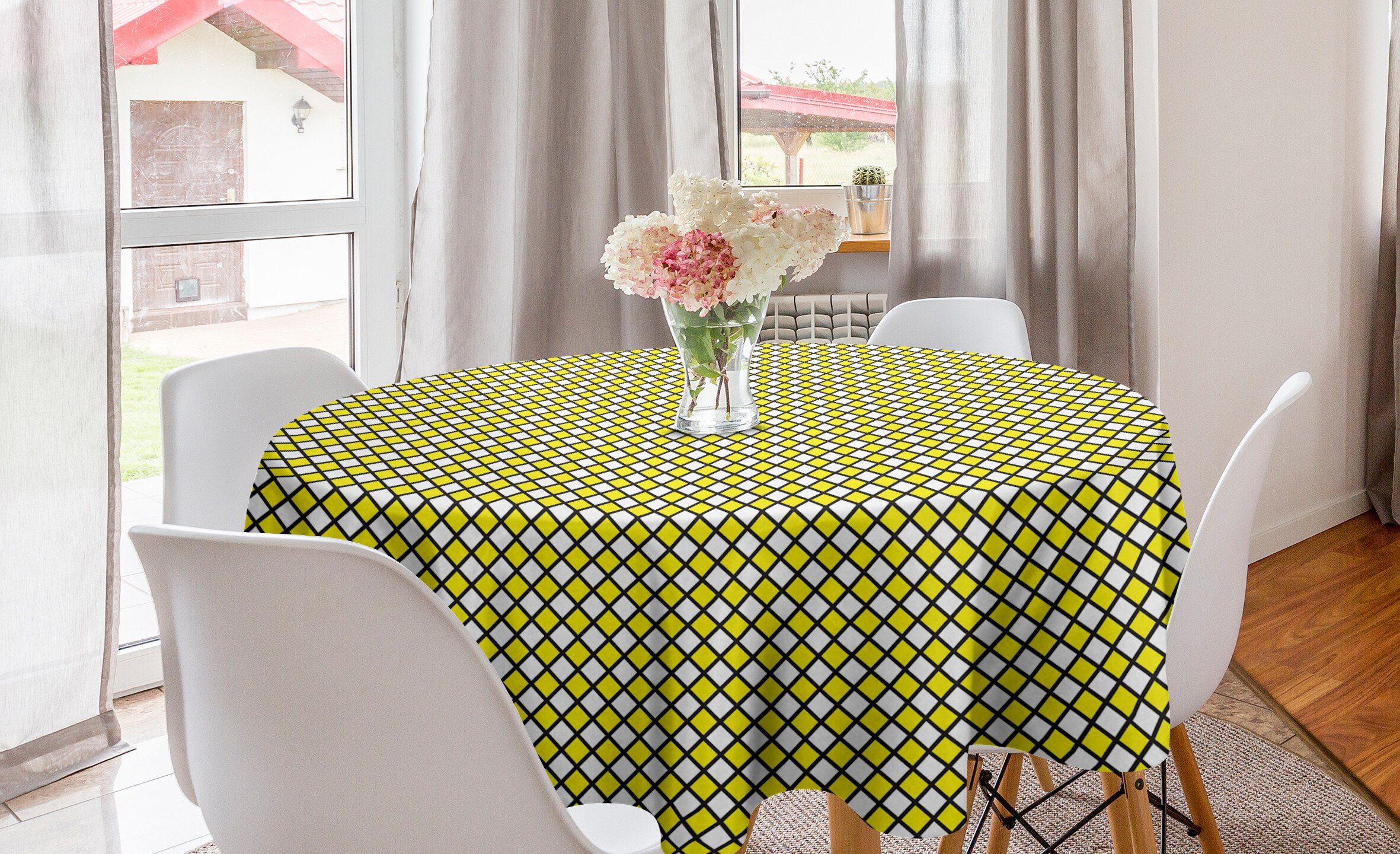 Abakuhaus Tischdecke Kreis Tischdecke Abdeckung für Esszimmer Küche Dekoration, Gelb und Weiß geometrische Alt
