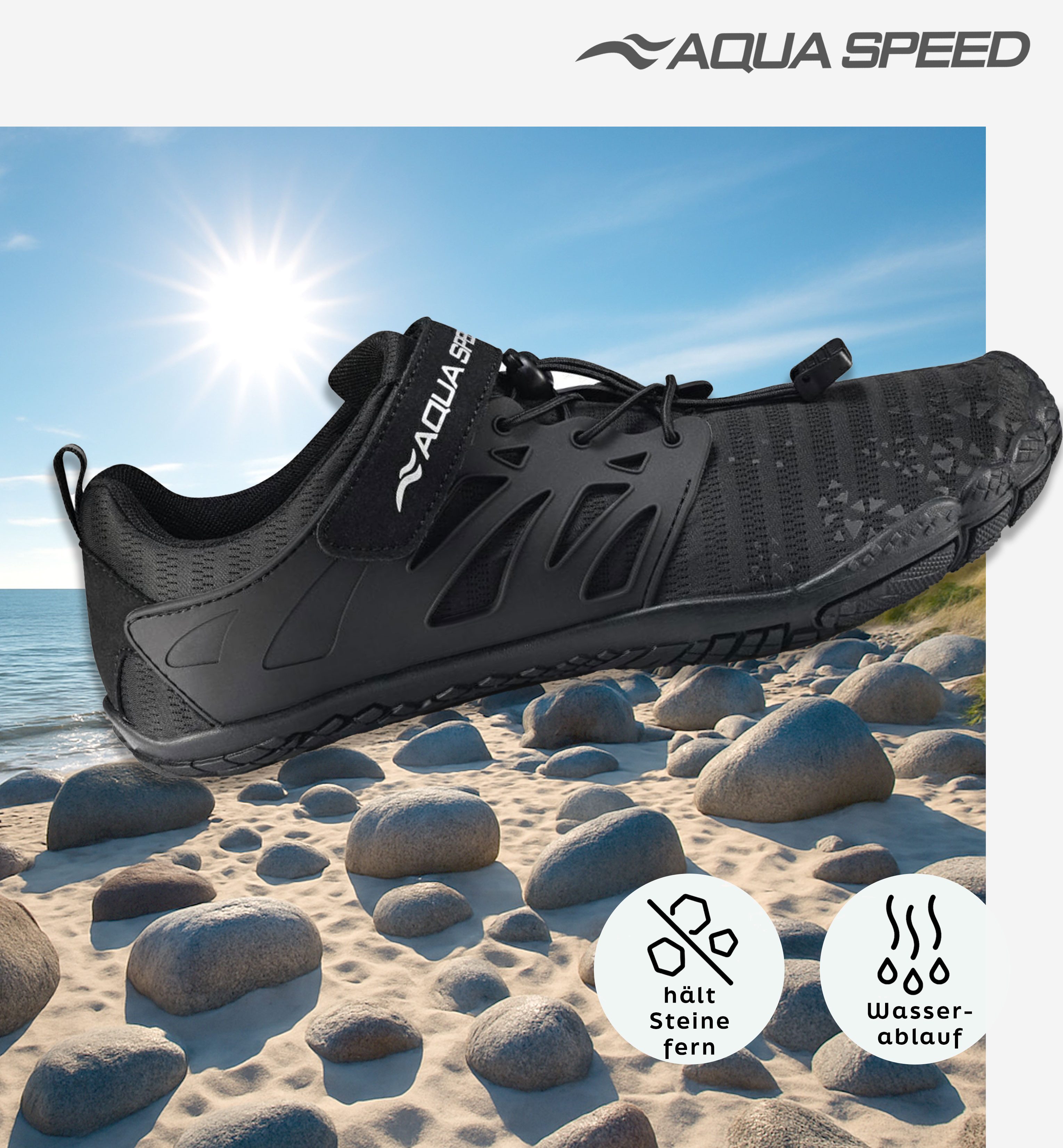 Aqua Speed Taipan Strandschuhe Gr. 43 – Schwarz mit Handtuchbeilage Wasserschuh (Grip-Schuhe für Ufer, Dusche & Steg – sicher & kompakt) Für SUP, Kajak & Steg – Trittsicher bei jeder Wasseraktivität
