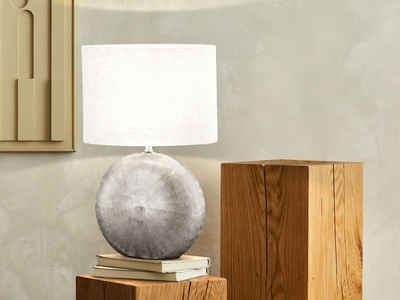 meineWunschleuchte LED Nachttischlampe, LED wechselbar, Warmweiß, Lampen-Fuß Keramik Silber, Lampenschirm oval Leinen Weiß, 53cm groß