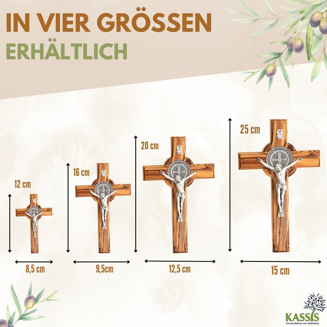 Kassis Geschenkartikel Wanddekoobjekt St. Benedikt Kreuz zum Aufhängen Wandkreuz Kruzifix aus Olivenholz, handgefertigt in Bethlehem, Geschenk zu religiösen Anlässen