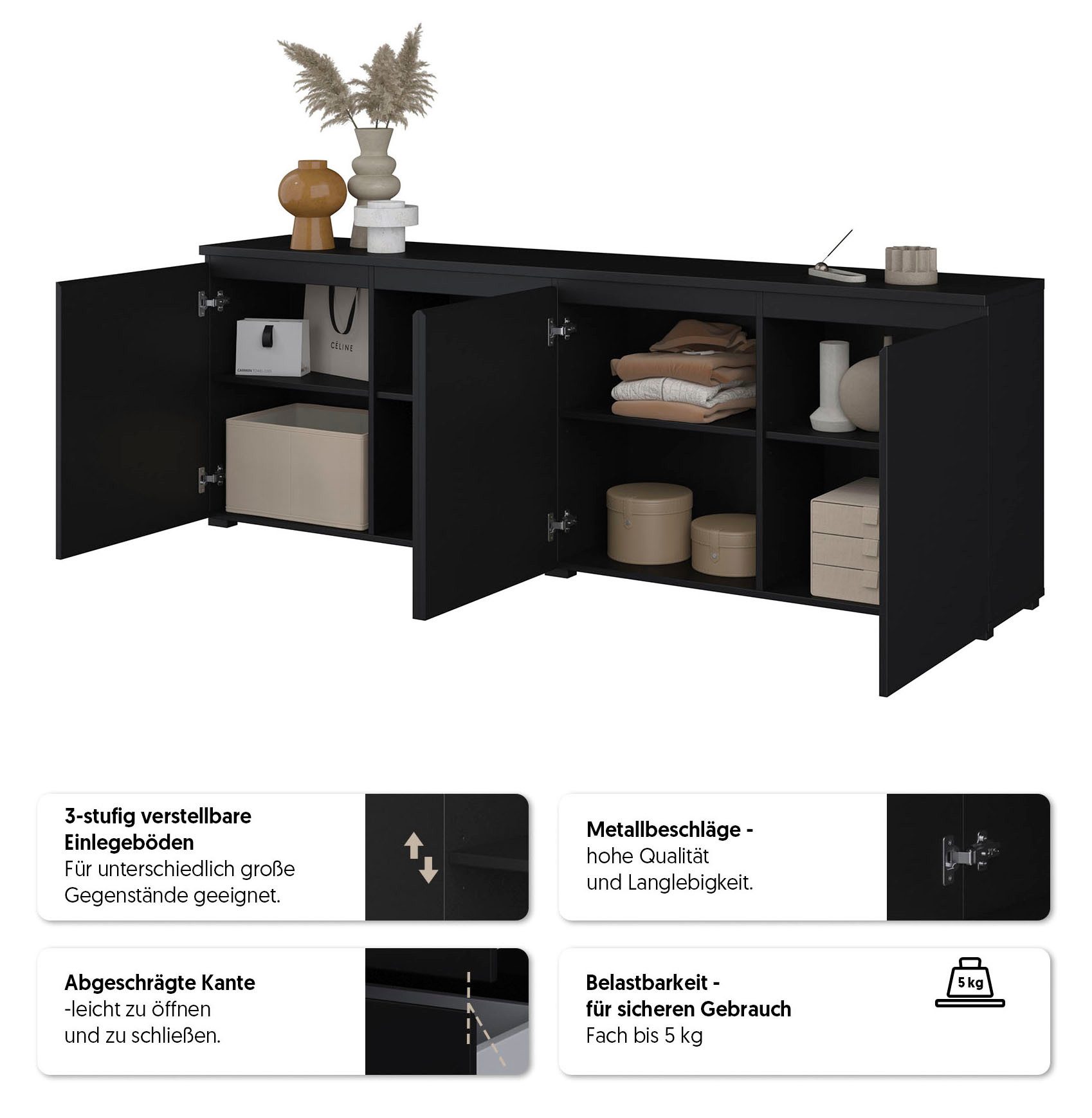 OTTO home Sideboard Modo, Breite 200 cm, moderne grifflose Kommode 4Türen, Anrichte mit viel Stauraum, Einlegeböden verstellbar
