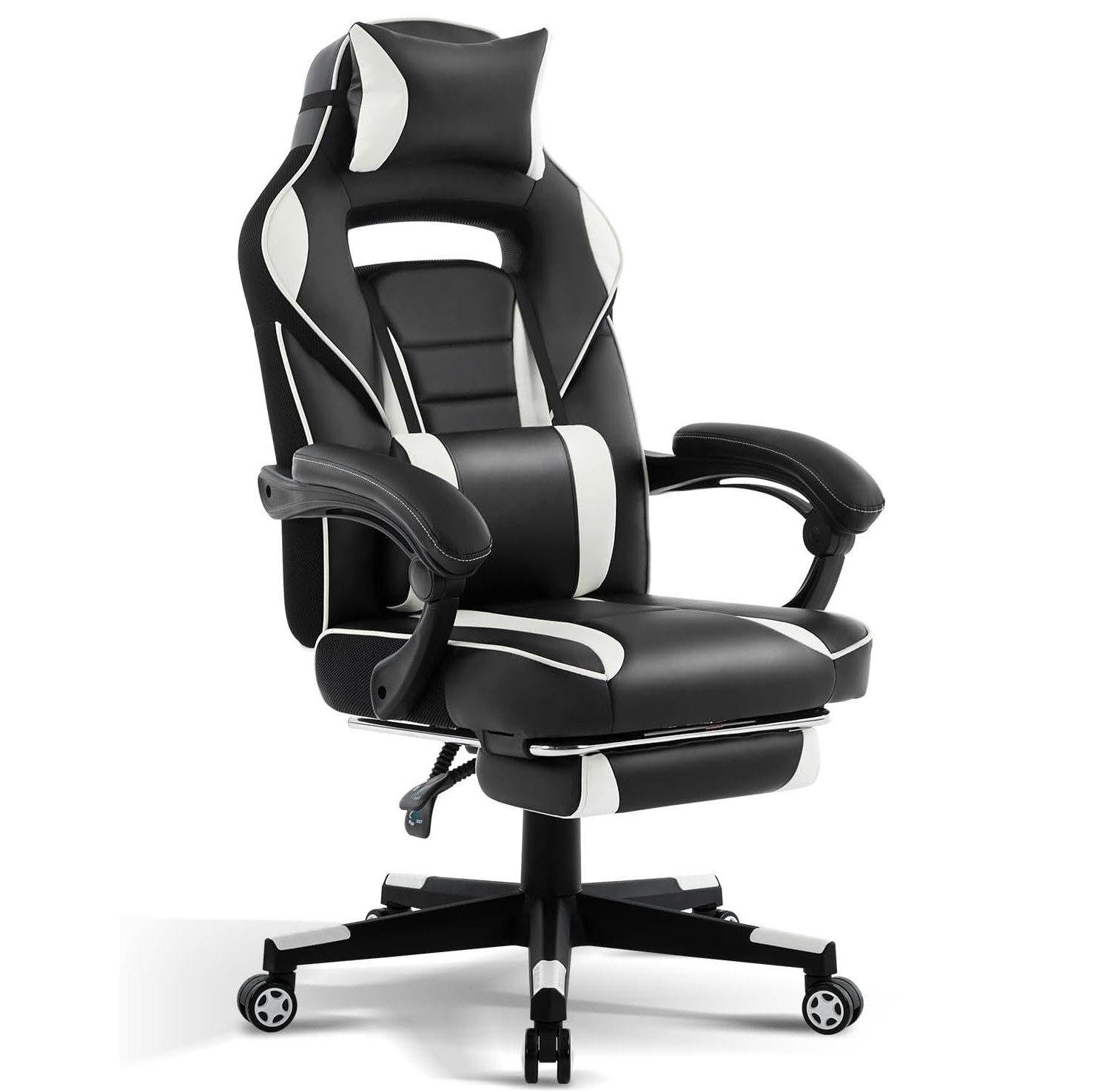 GarveeMore Gaming-Stuhl mit Fußstütze und Lendenwirbelstütze,360° drehbarer Computer-Bürostuhl, ergonomischer Computer-Spiel-Schreibtischstuhl,bis 136 kg,PU-Leder