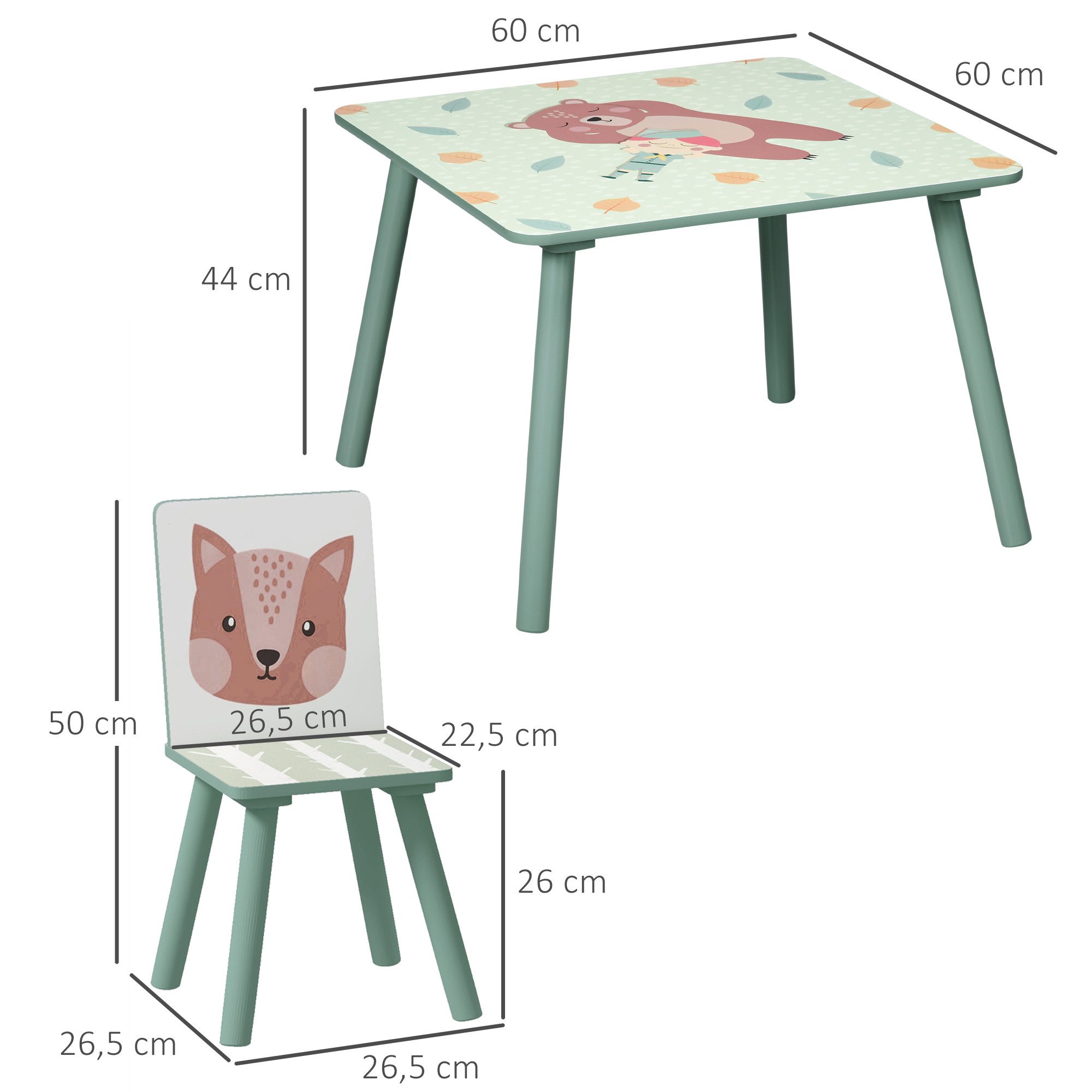 ZONEKIZ Kindersitzgruppe Kindertisch, (Kinderschreibtisch, 3-tlg., Stühle), 3-teilige Set für Schlafzimmer, Kindergarten, Spielzimmer, Grün