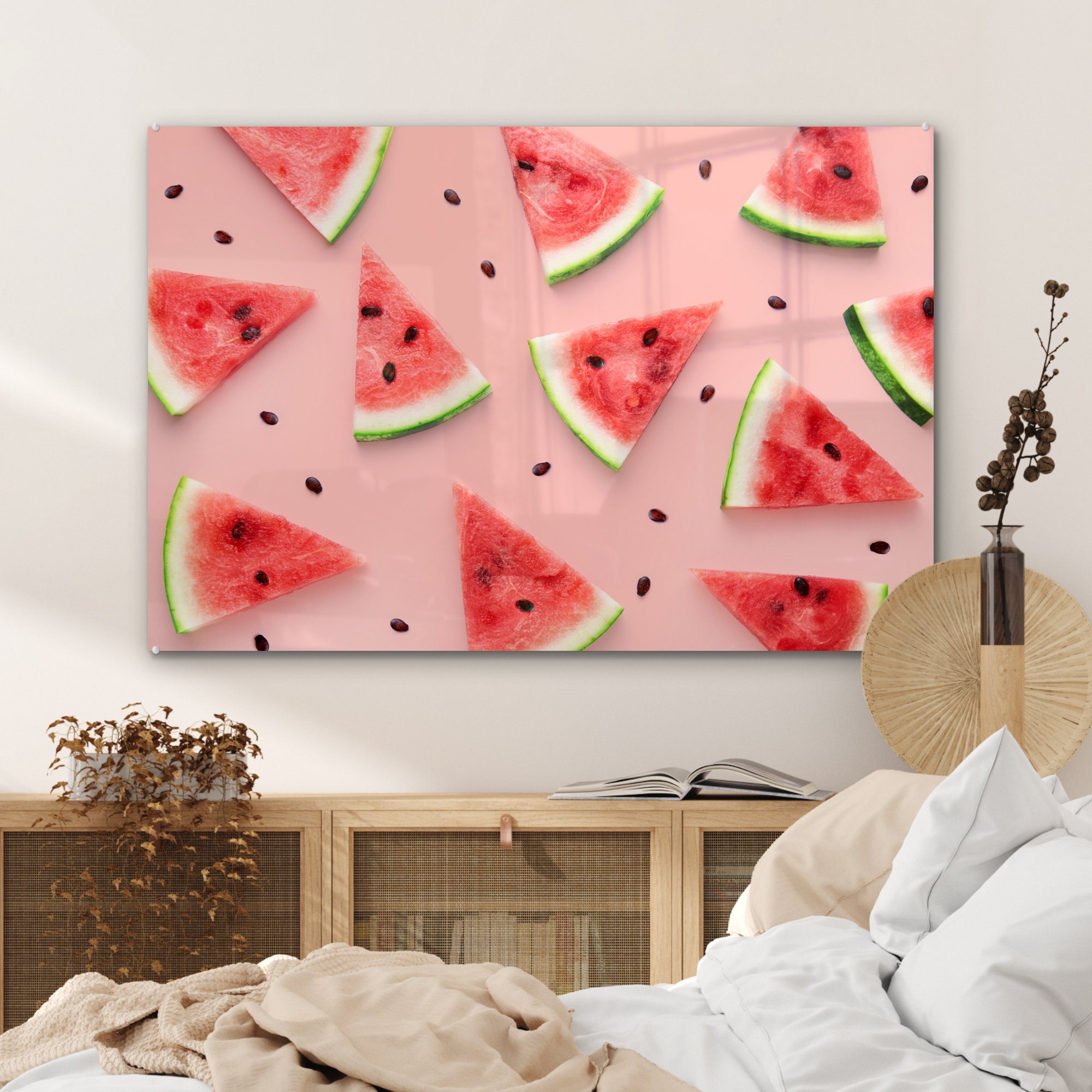 Schlafzimmer Acrylglasbilder - MuchoWow Acrylglasbild Sommer Rosa & Wohnzimmer Wassermelone (1 St), - Muster, -