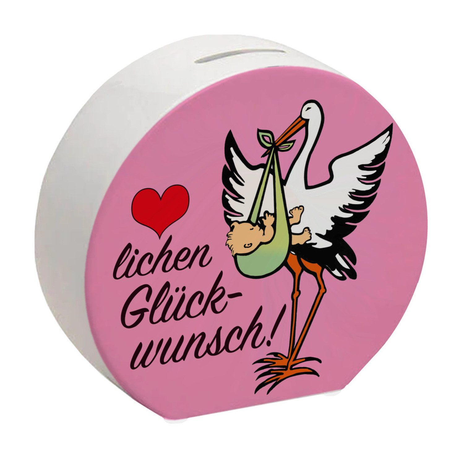 Spardose Storch und Kind Spardose zur Geburt mit niedlichem Motiv in Rosa
